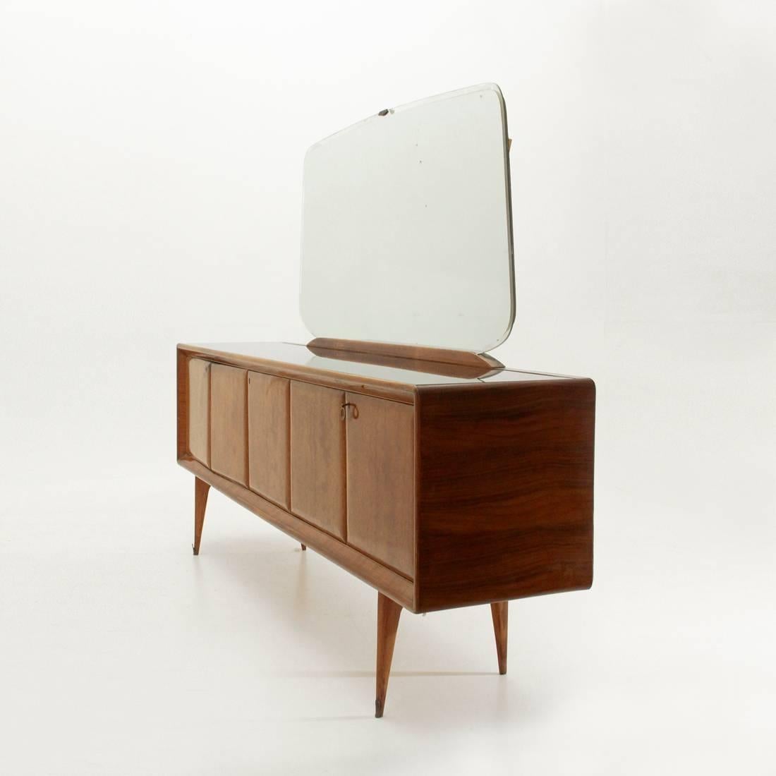 Mid-Century Modern Italian Sideboard with Black Glass Top and Mirror