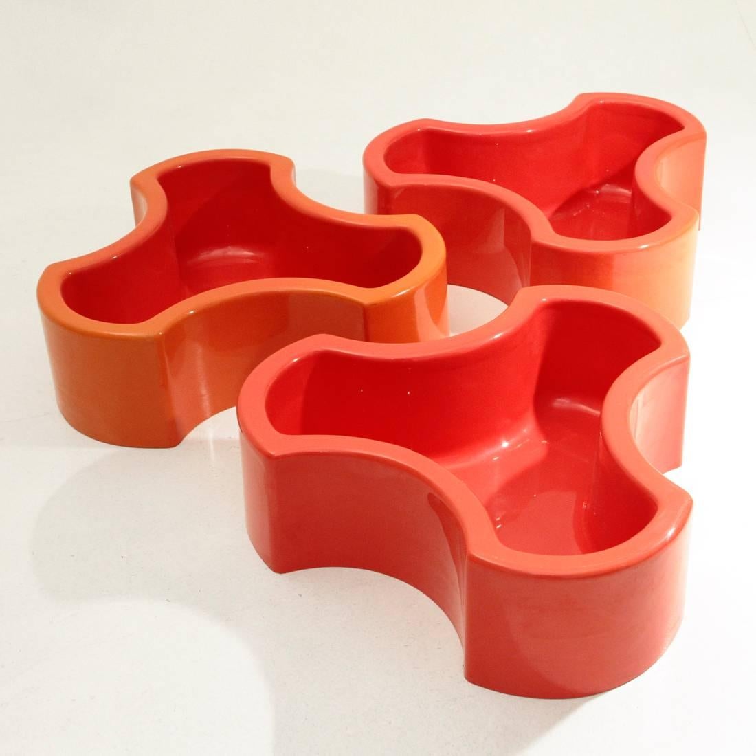 Space Age three red space age modular planters, 1970's