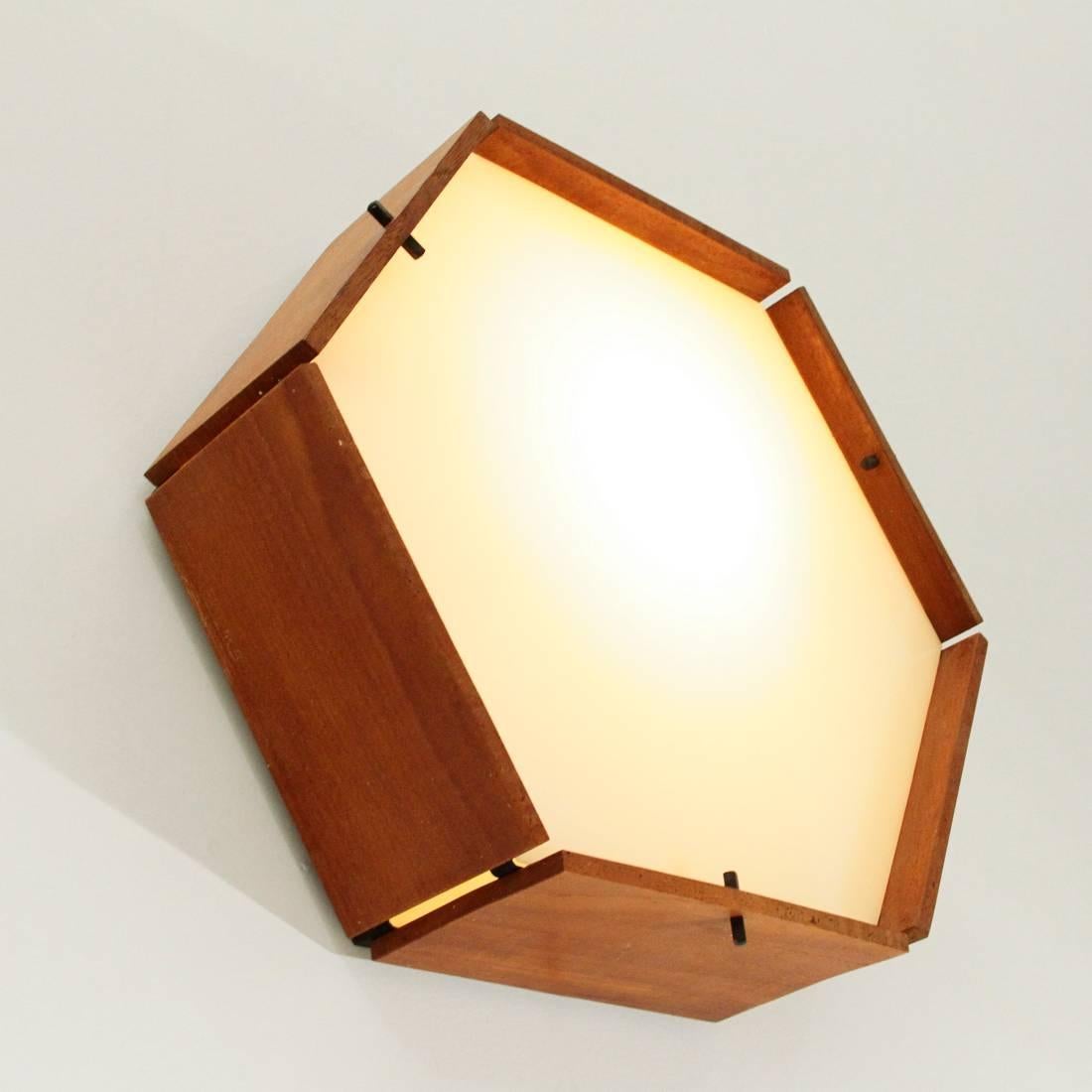 Italian Hexagonal Teak and Perspex Ceiling Lamp, Applique, 1950s
