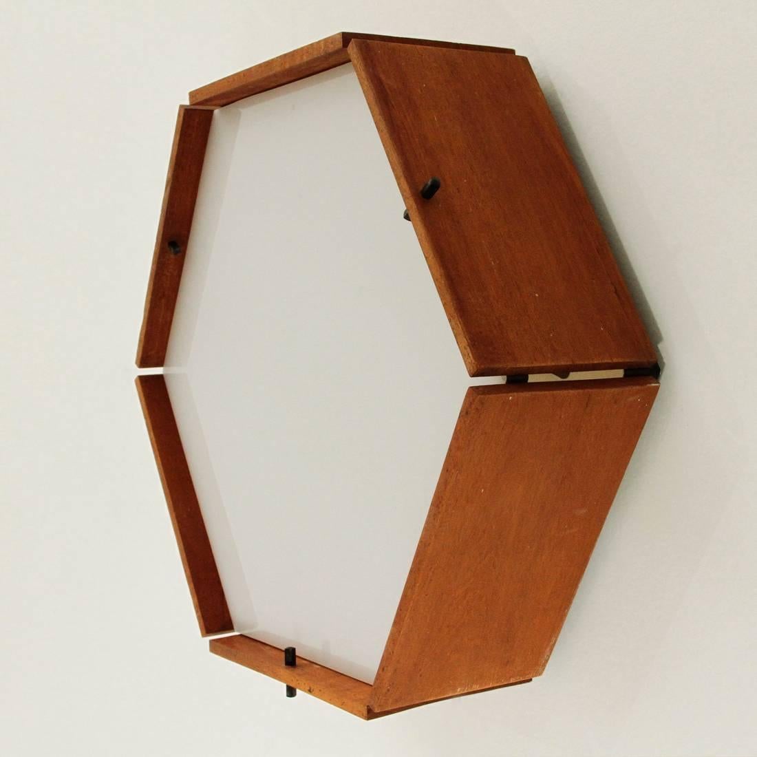 Metal Hexagonal Teak and Perspex Ceiling Lamp, Applique, 1950s