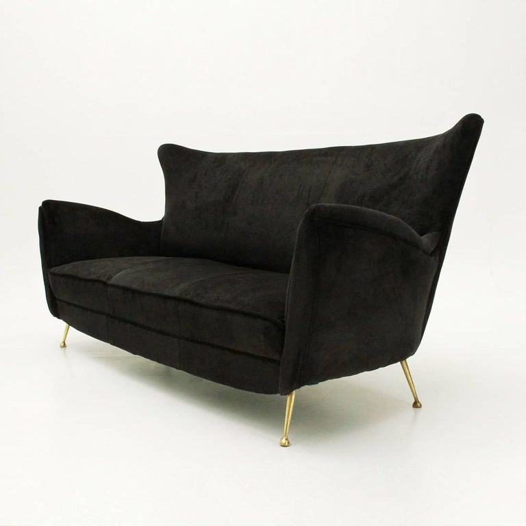 Italian Three Seat Black Velvet Sofa With Br Legs 1950s At 1stdibs Mid 20th Century Italian Three Seat Black Velvet Sofa With Br Legs 1950s