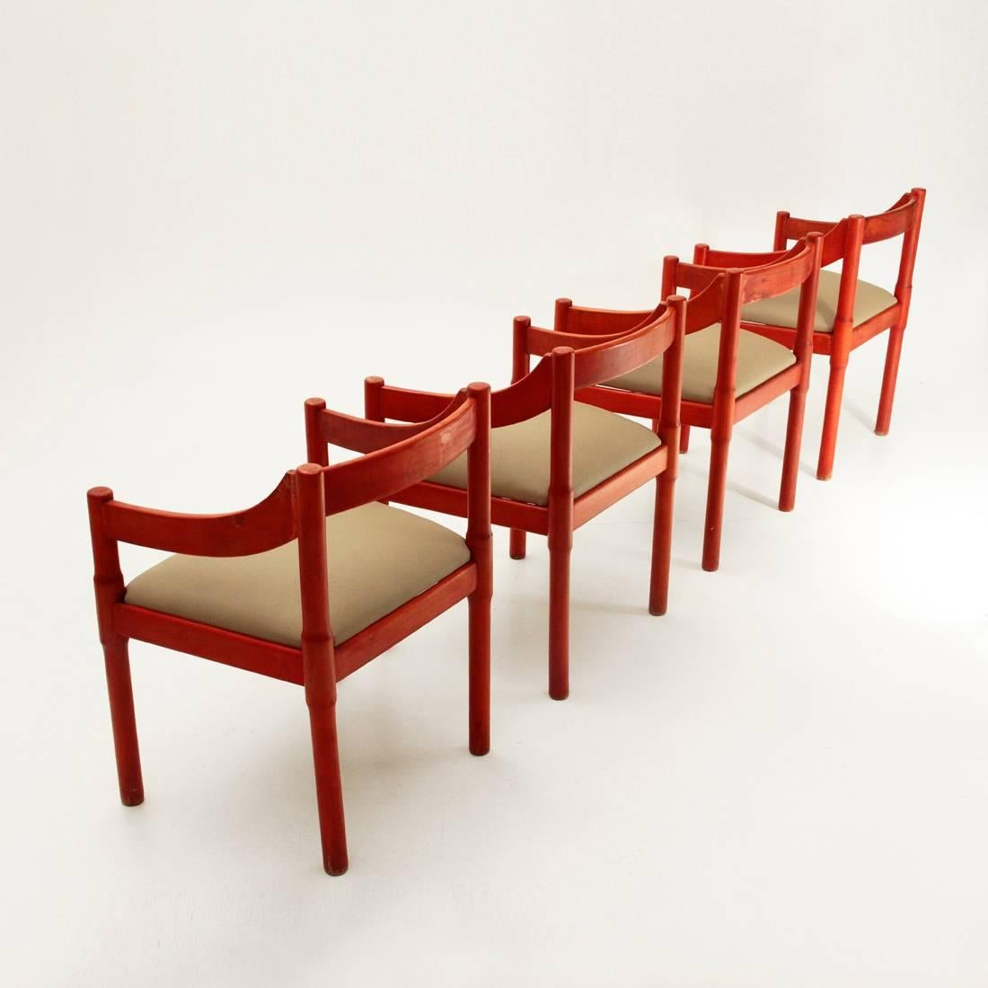 Mid-20th Century Four Red Carimate Chairs by Vico Magistretti for Cassina, 1960s