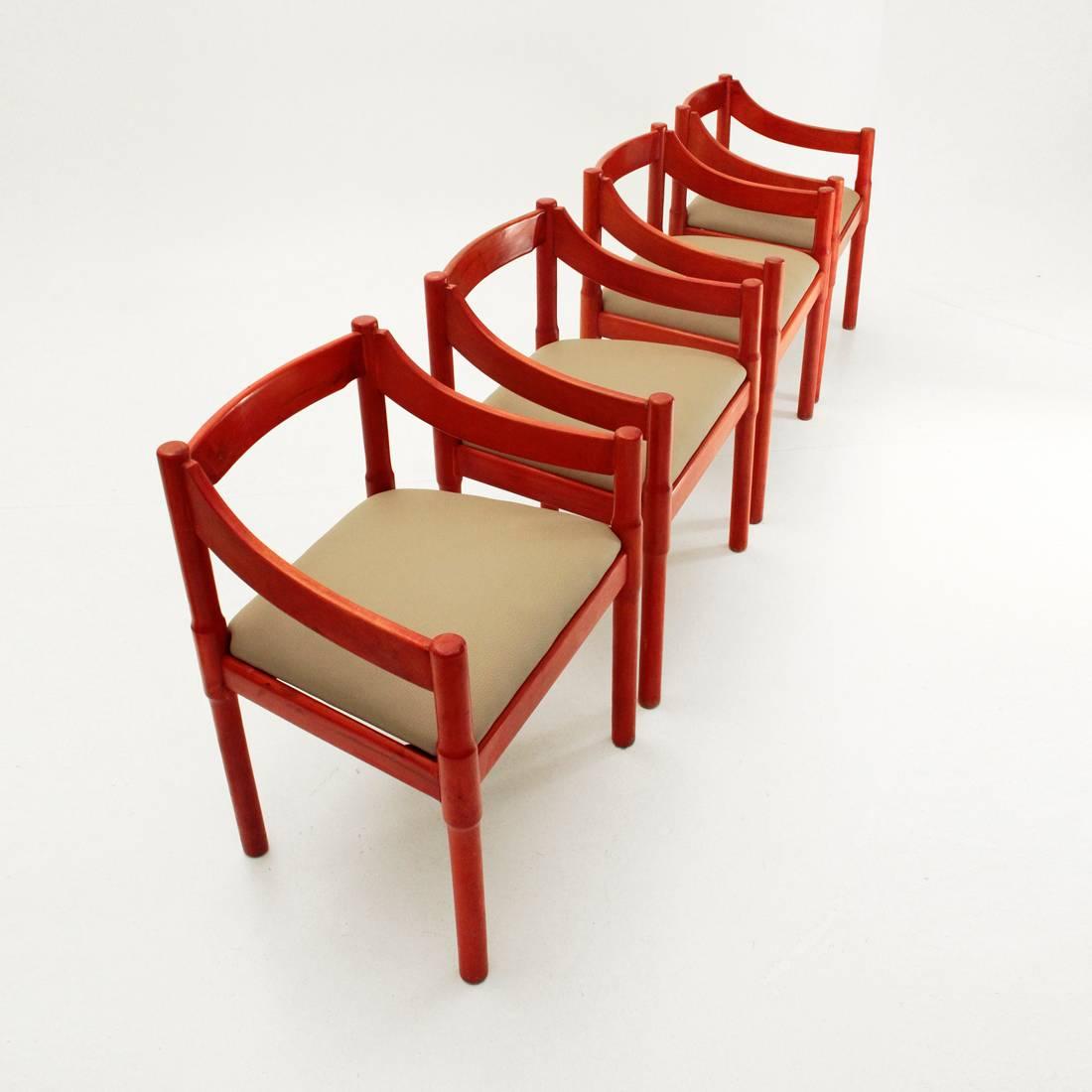 Mid-Century Modern Four Red Carimate Chairs by Vico Magistretti for Cassina, 1960s