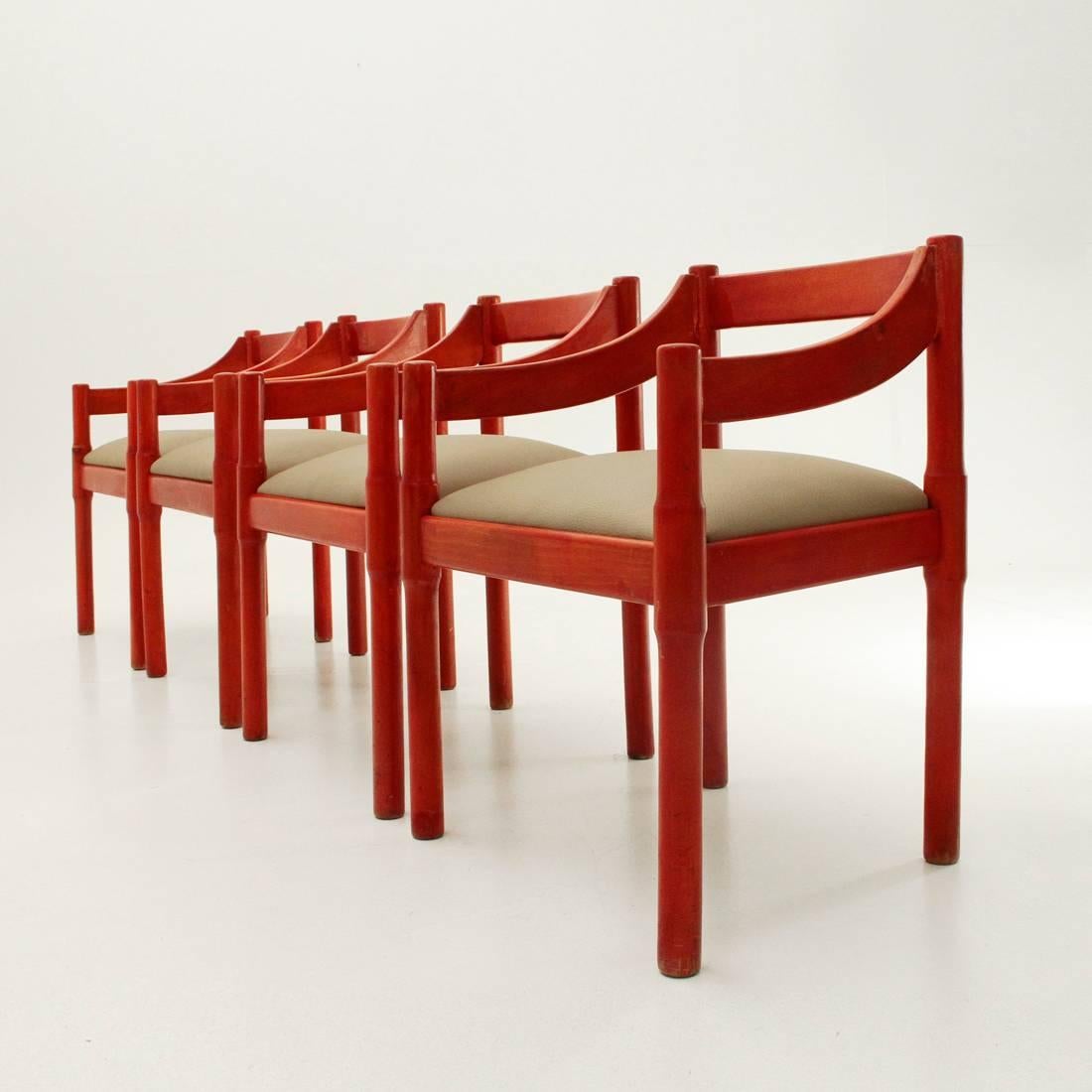 Italian Four Red Carimate Chairs by Vico Magistretti for Cassina, 1960s