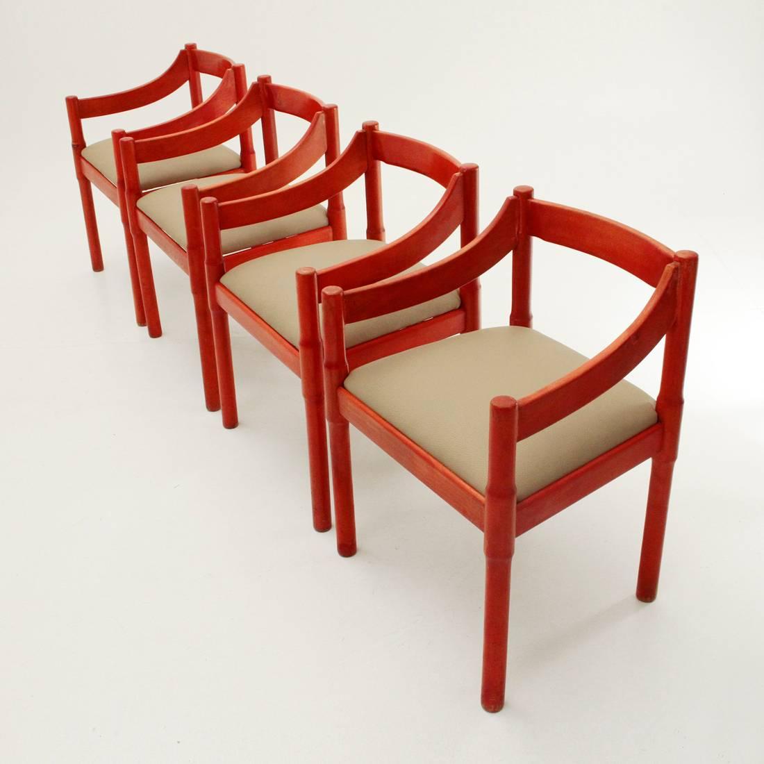 Four Red Carimate Chairs by Vico Magistretti for Cassina, 1960s In Good Condition In Savona, IT