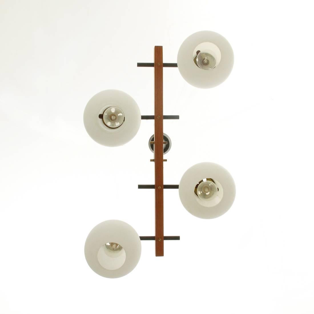 Mid-20th Century Italian Four Lights in Brass and Opaline Glass Chandelier, 1950s