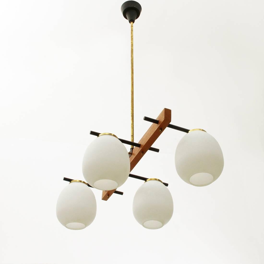 Italian Four Lights in Brass and Opaline Glass Chandelier, 1950s In Good Condition In Savona, IT