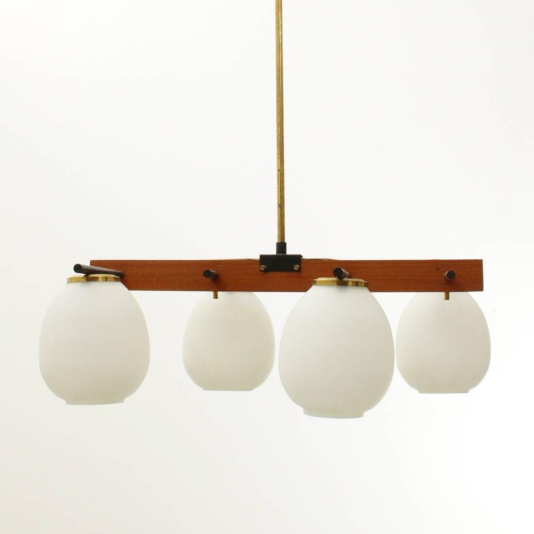 Metal Italian Four Lights in Brass and Opaline Glass Chandelier, 1950s