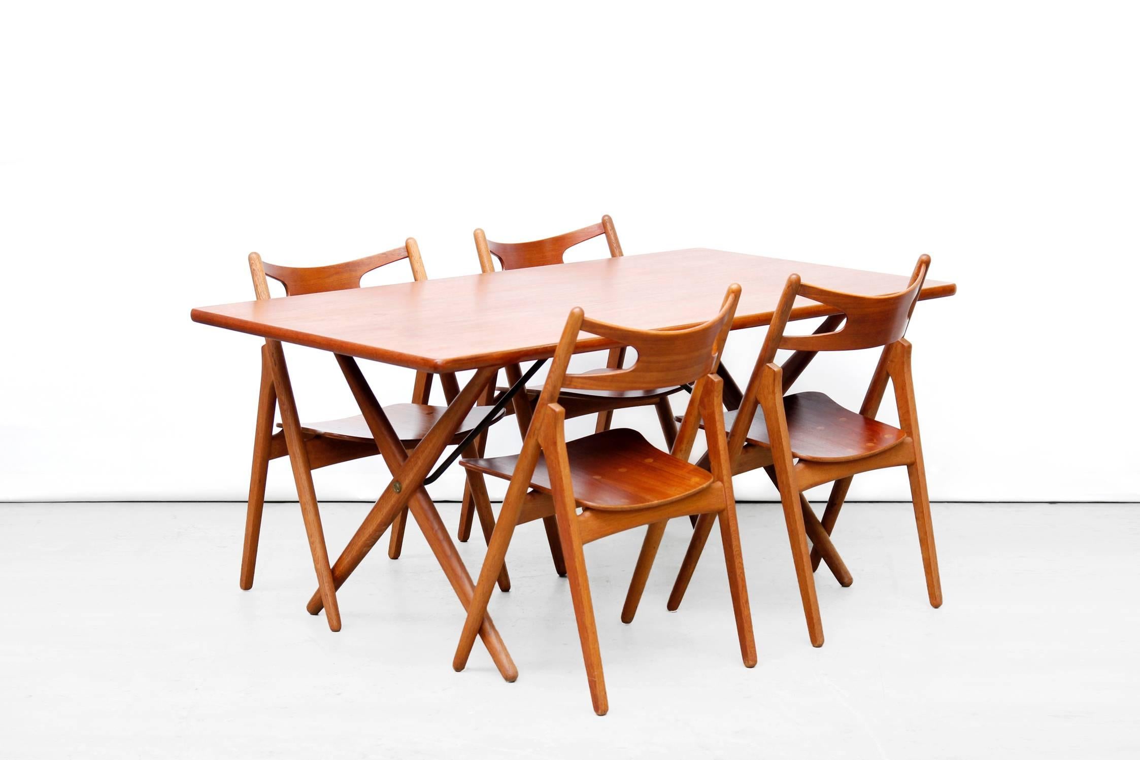 Scandinavian Modern Teak and Oak Cross Leg Dining Table by Hans Wegner for Andreas Tuck Model AT 303