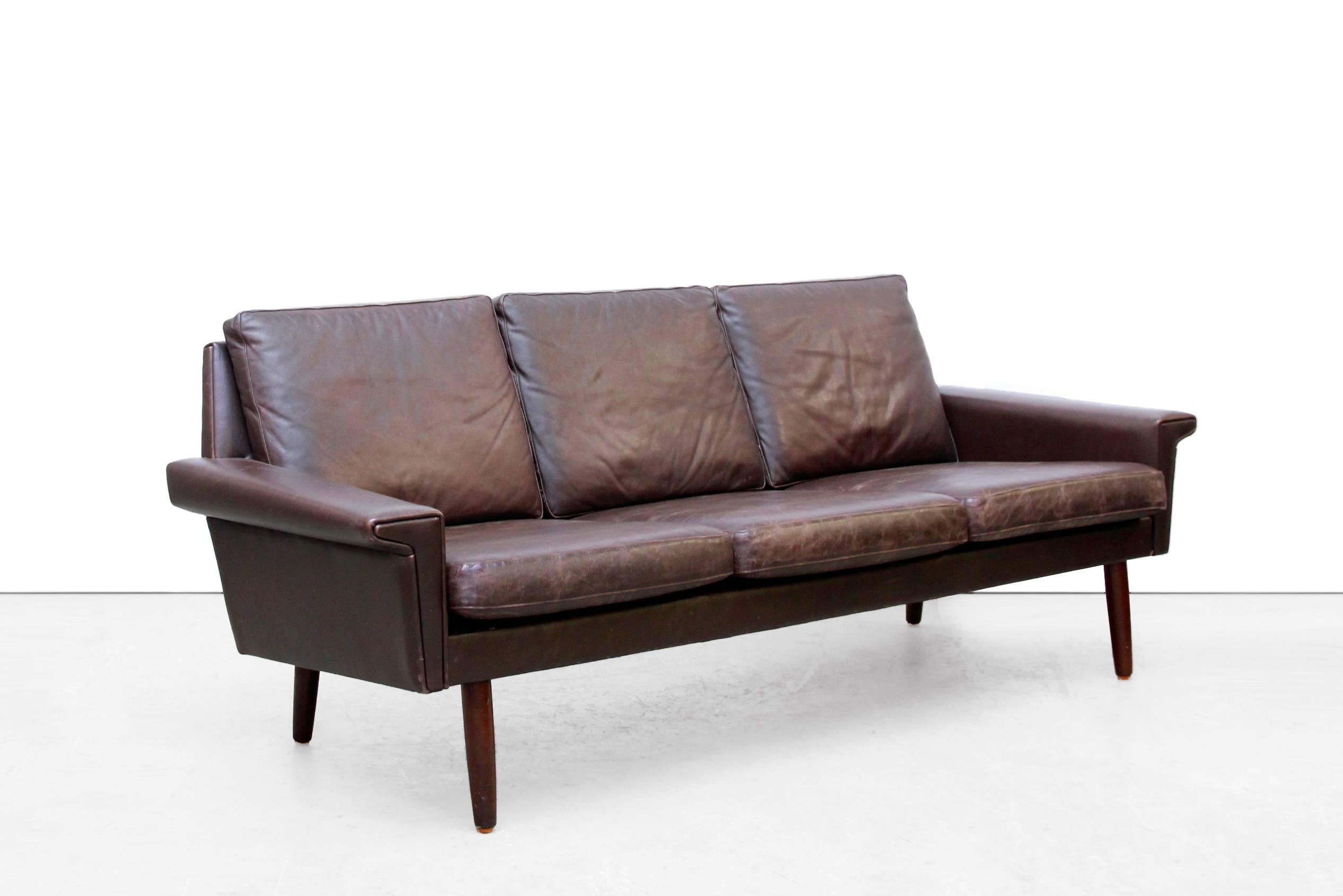 Mid-Century Modern Danish Brown Leather Three-Seat Sofa from Vejen Polstermobelfabrik, 1960s