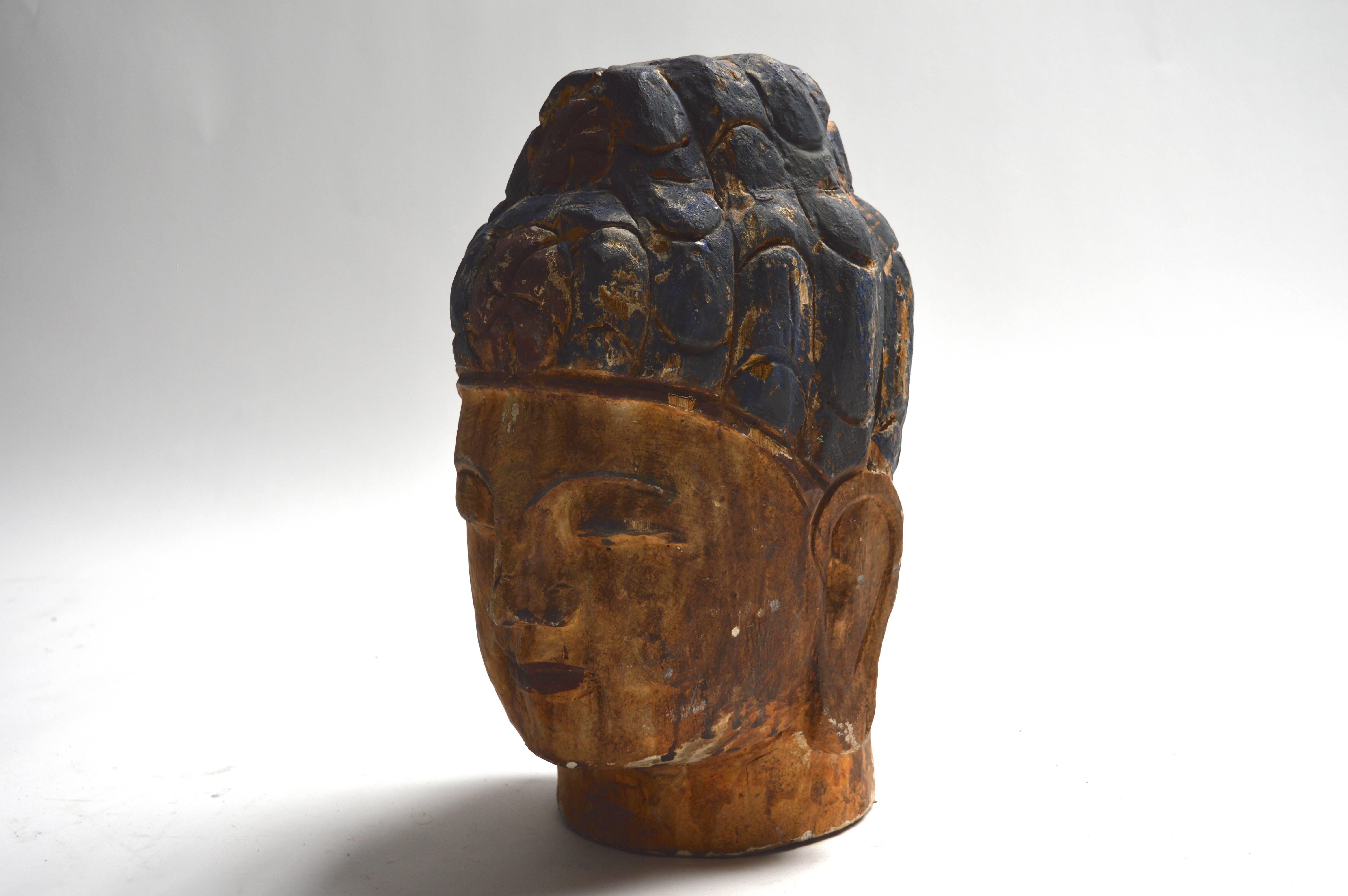 Wood Massive Polychrome Buddha Head
