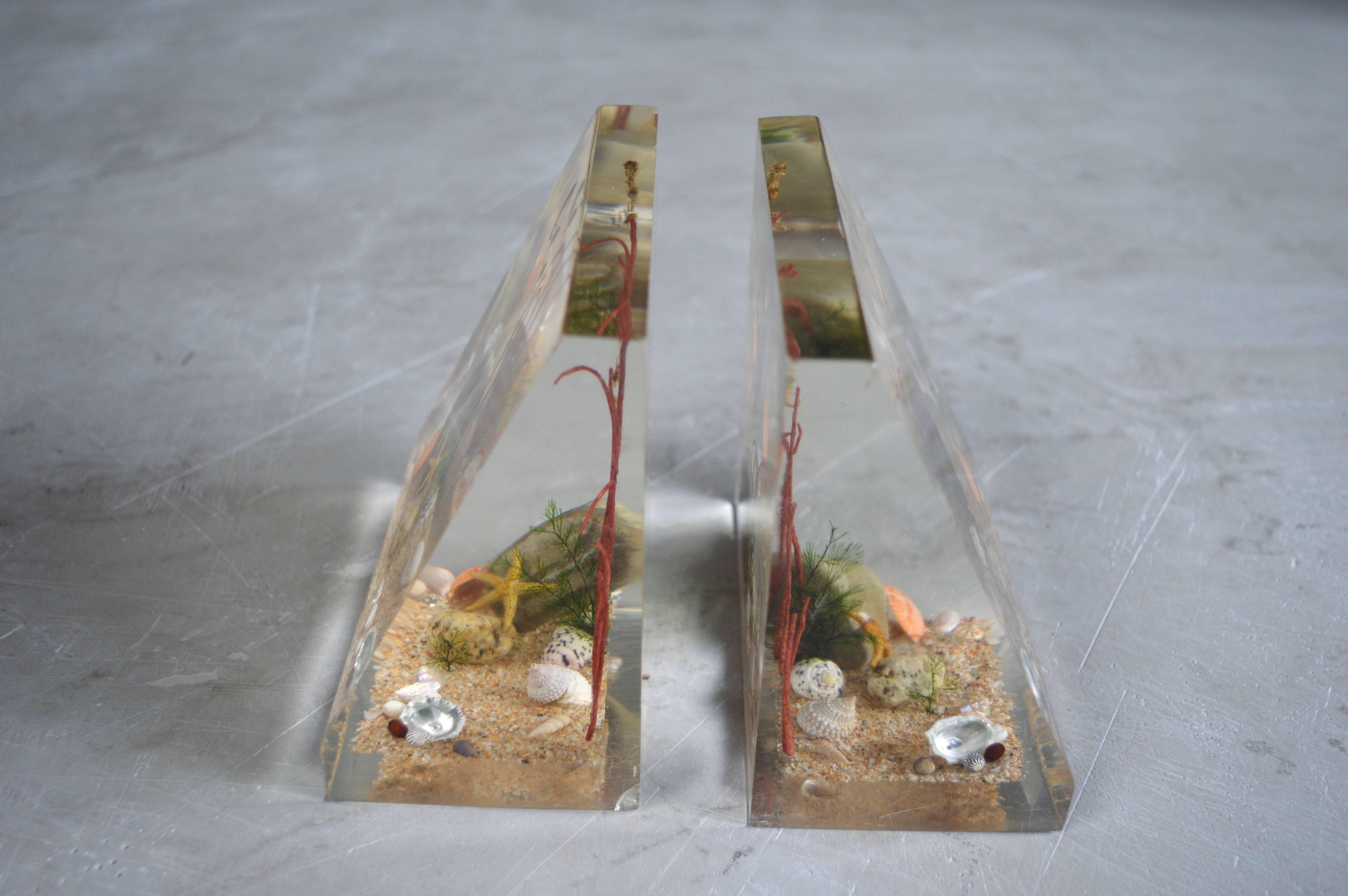 Whimsical pair of Lucite bookends. Underwater ocean scene includes genuine sand, coral, starfish, seahorses and seashells. Great for a desktop, beach house, bathroom, or kids room. Very good vintage condition.
