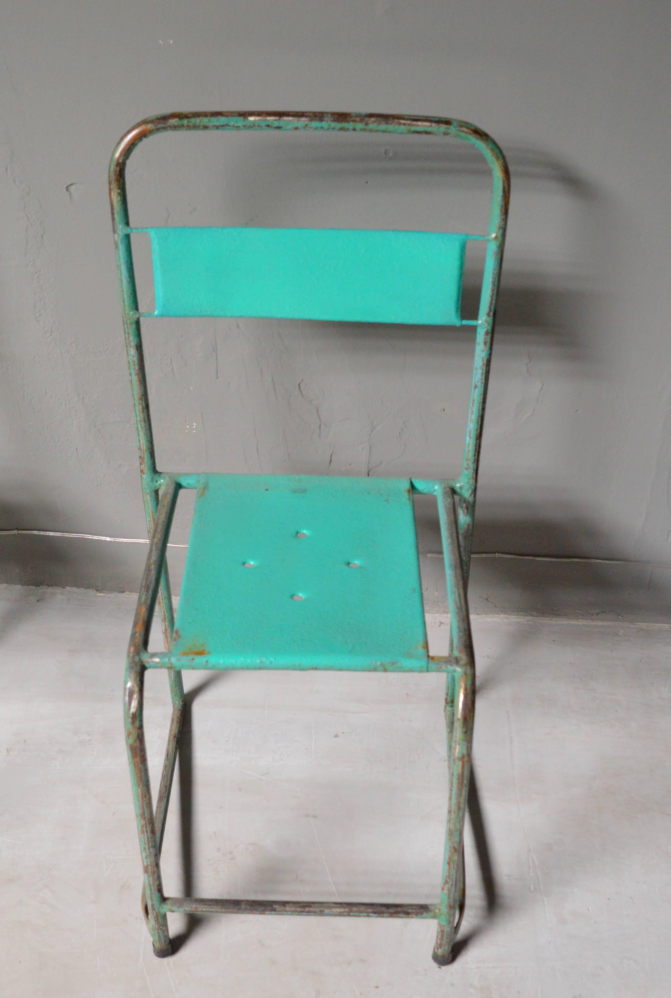 Iron Set of Four Turquoise French School Chairs
