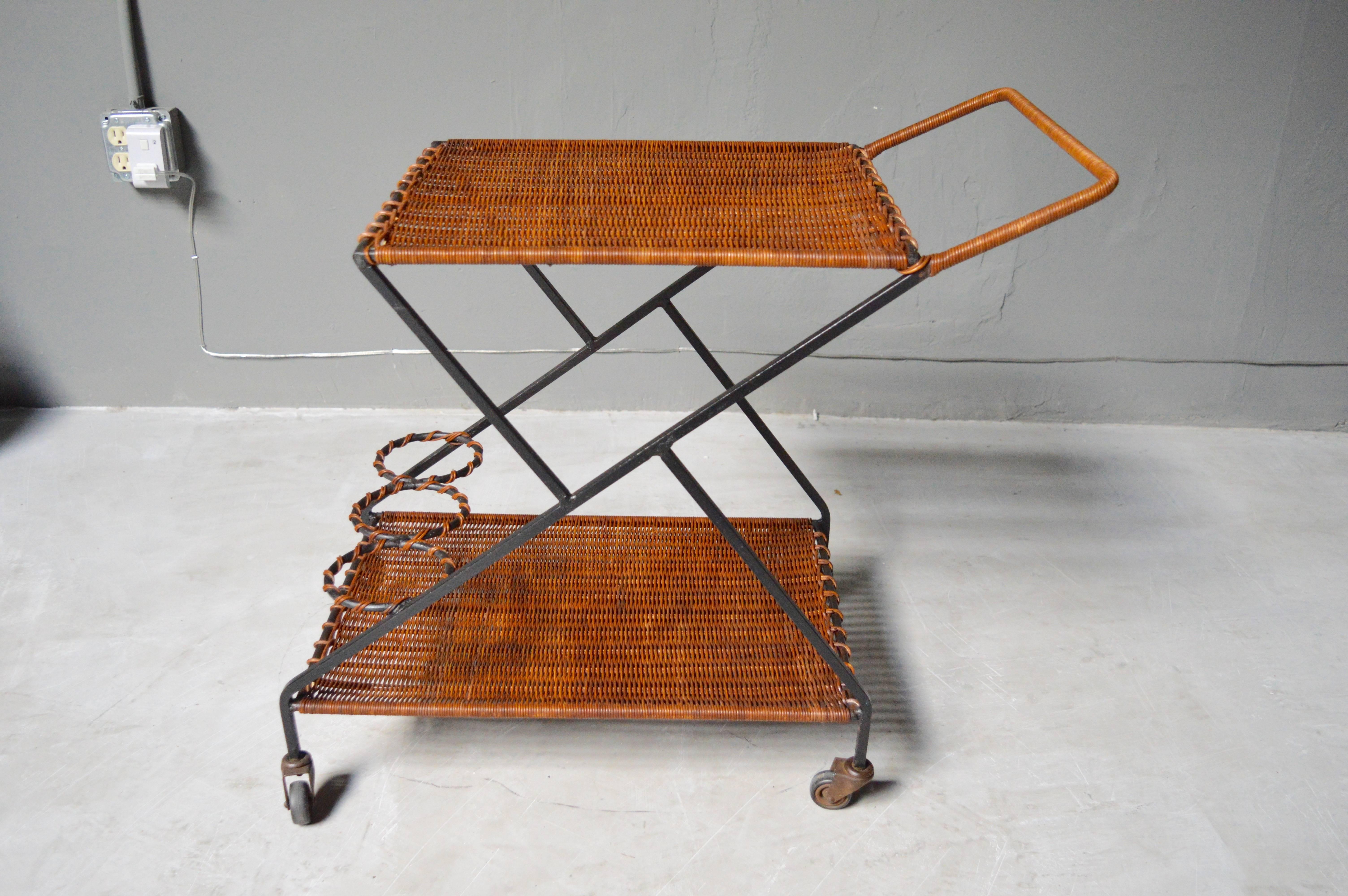 French Rattan Bar Cart In Excellent Condition In Los Angeles, CA