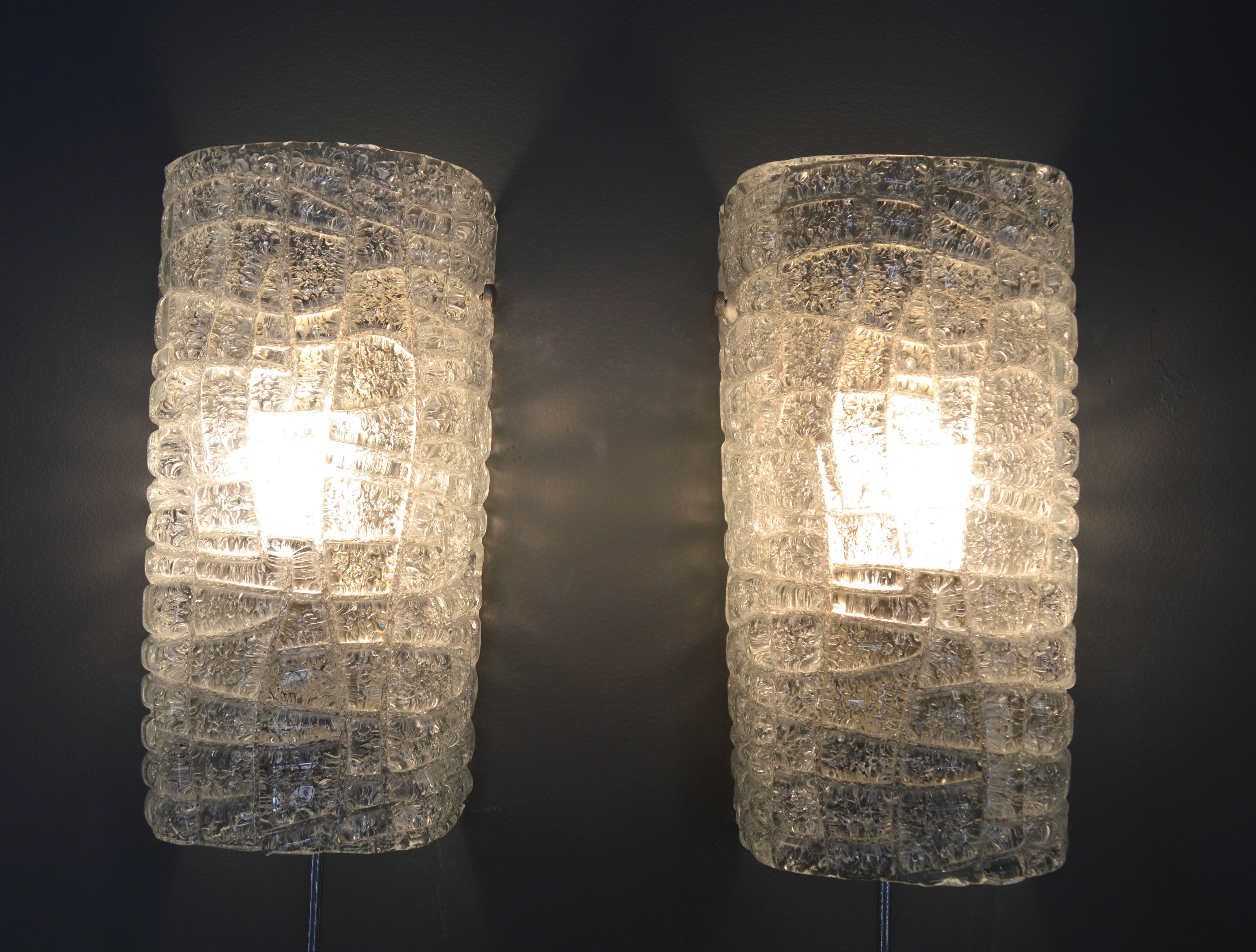 Mid-20th Century Large Austrian Ice Glass Rectangular Sconces For Sale