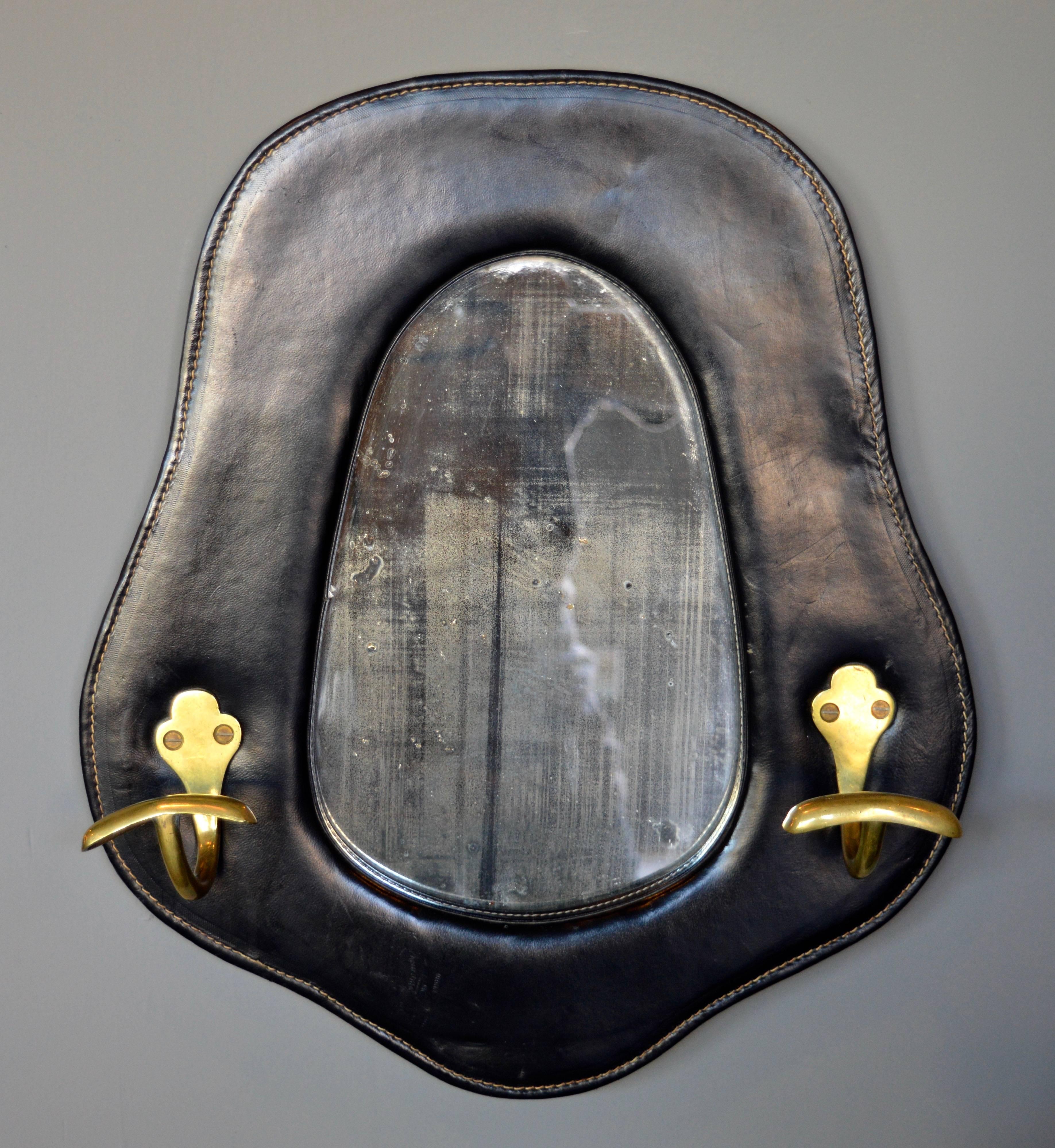 Jacques Adnet Leather and Brass Mirror In Excellent Condition In Los Angeles, CA