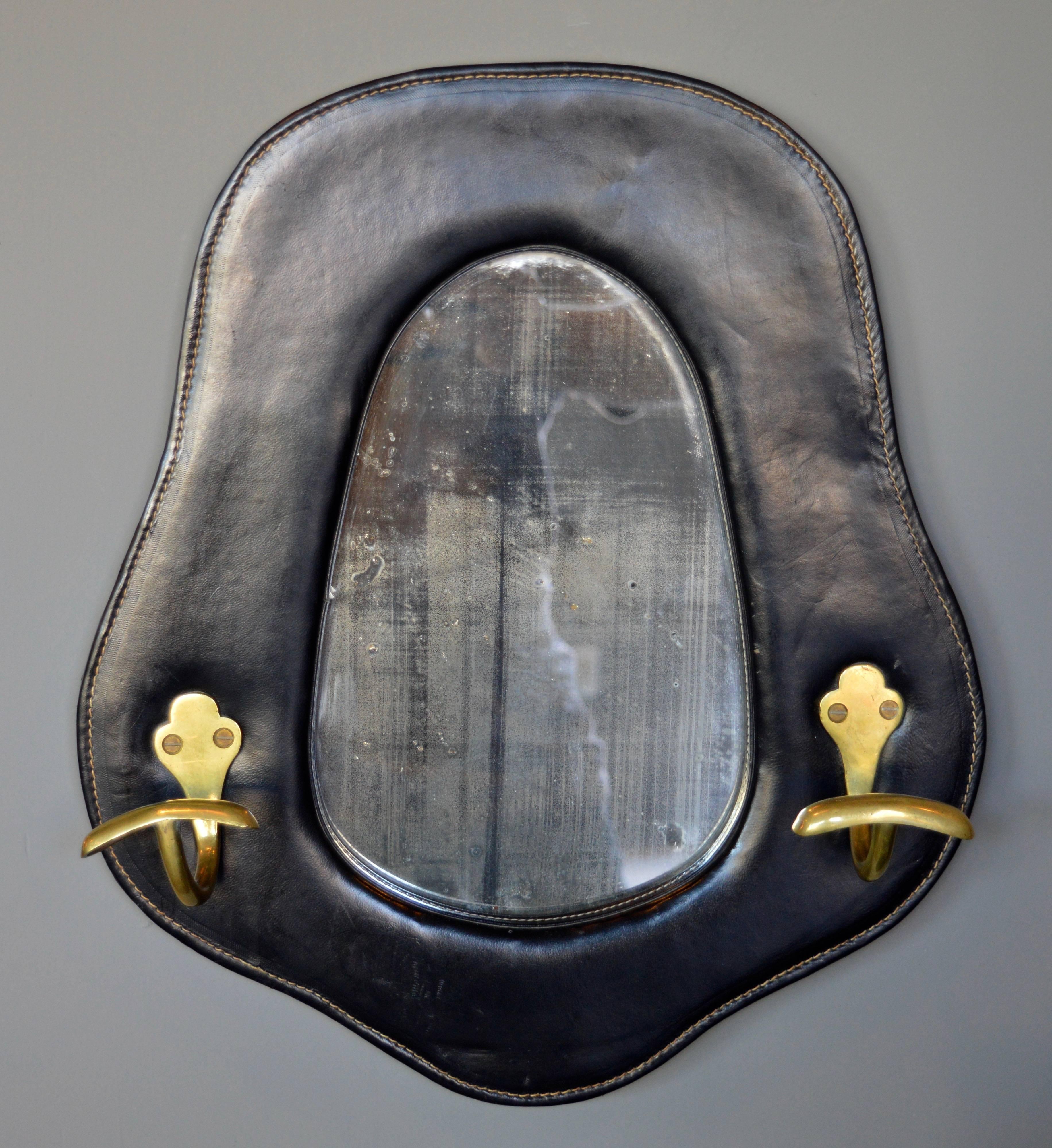 Mid-20th Century Jacques Adnet Leather and Brass Mirror