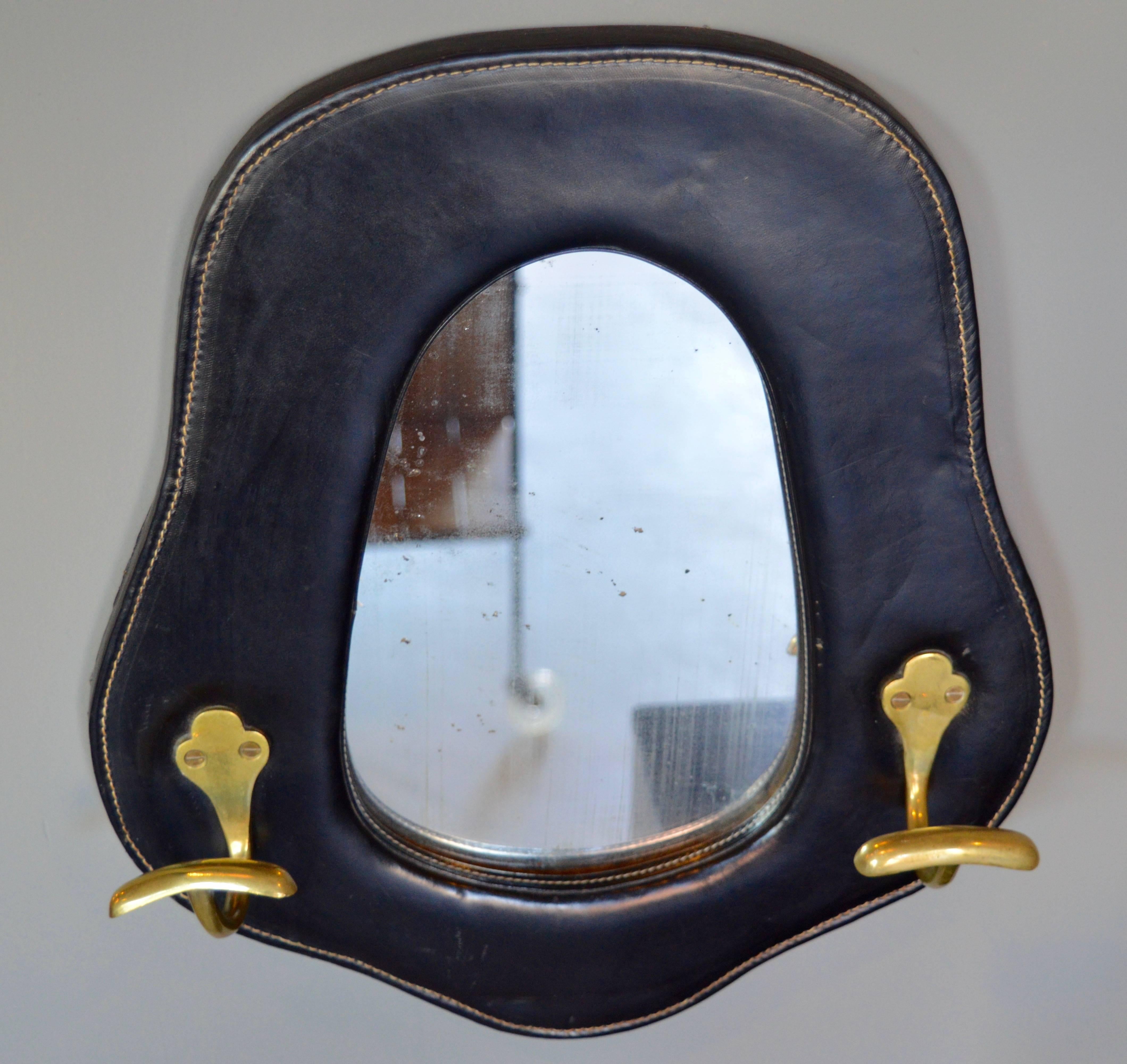 Jacques Adnet Leather and Brass Mirror 2