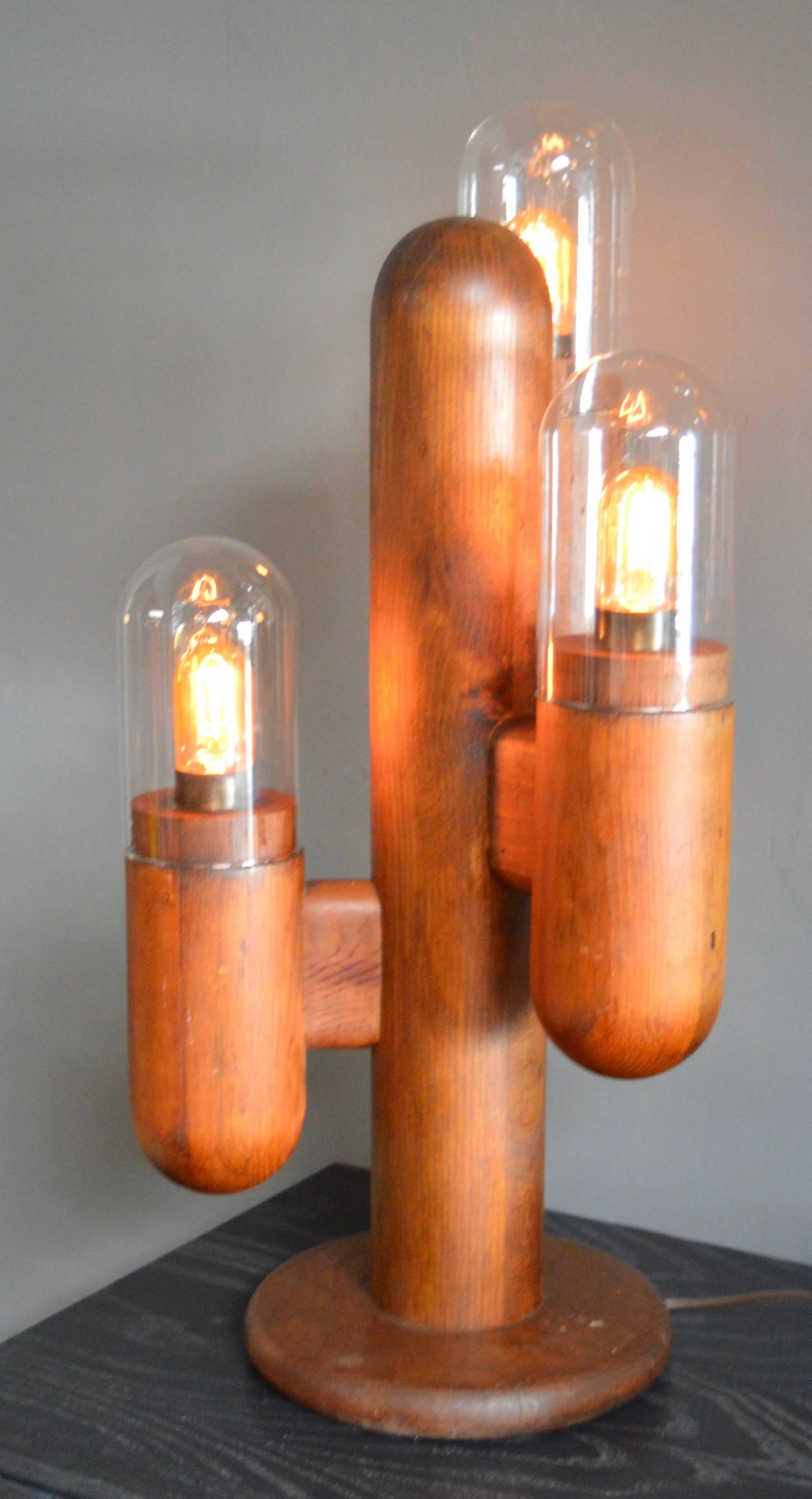American Pair of Wood Cactus Lamps with Glass Globes