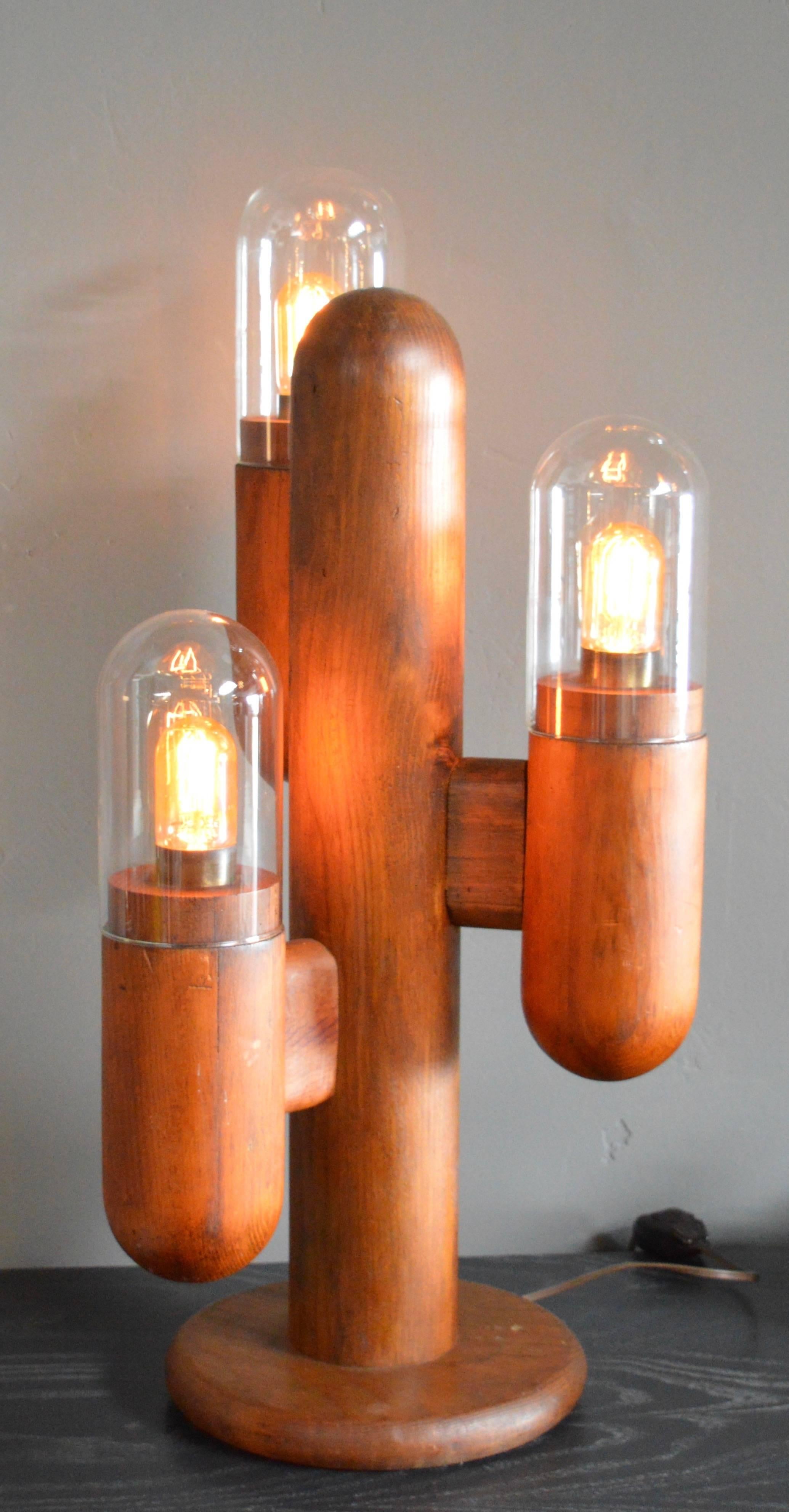 Pair of Wood Cactus Lamps with Glass Globes In Excellent Condition In Los Angeles, CA