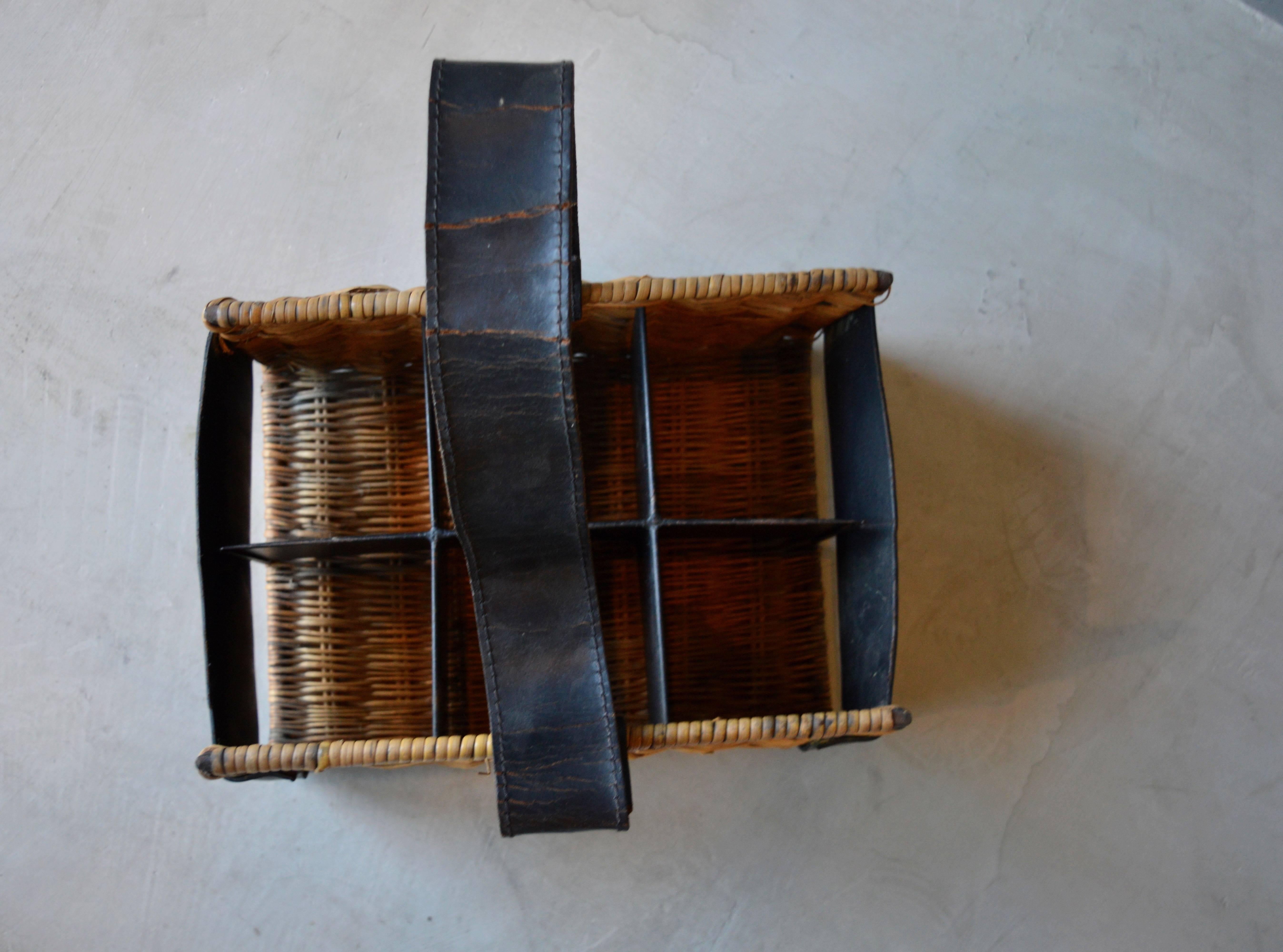 Mid-20th Century Jacques Adnet Rattan and Leather Wine Basket