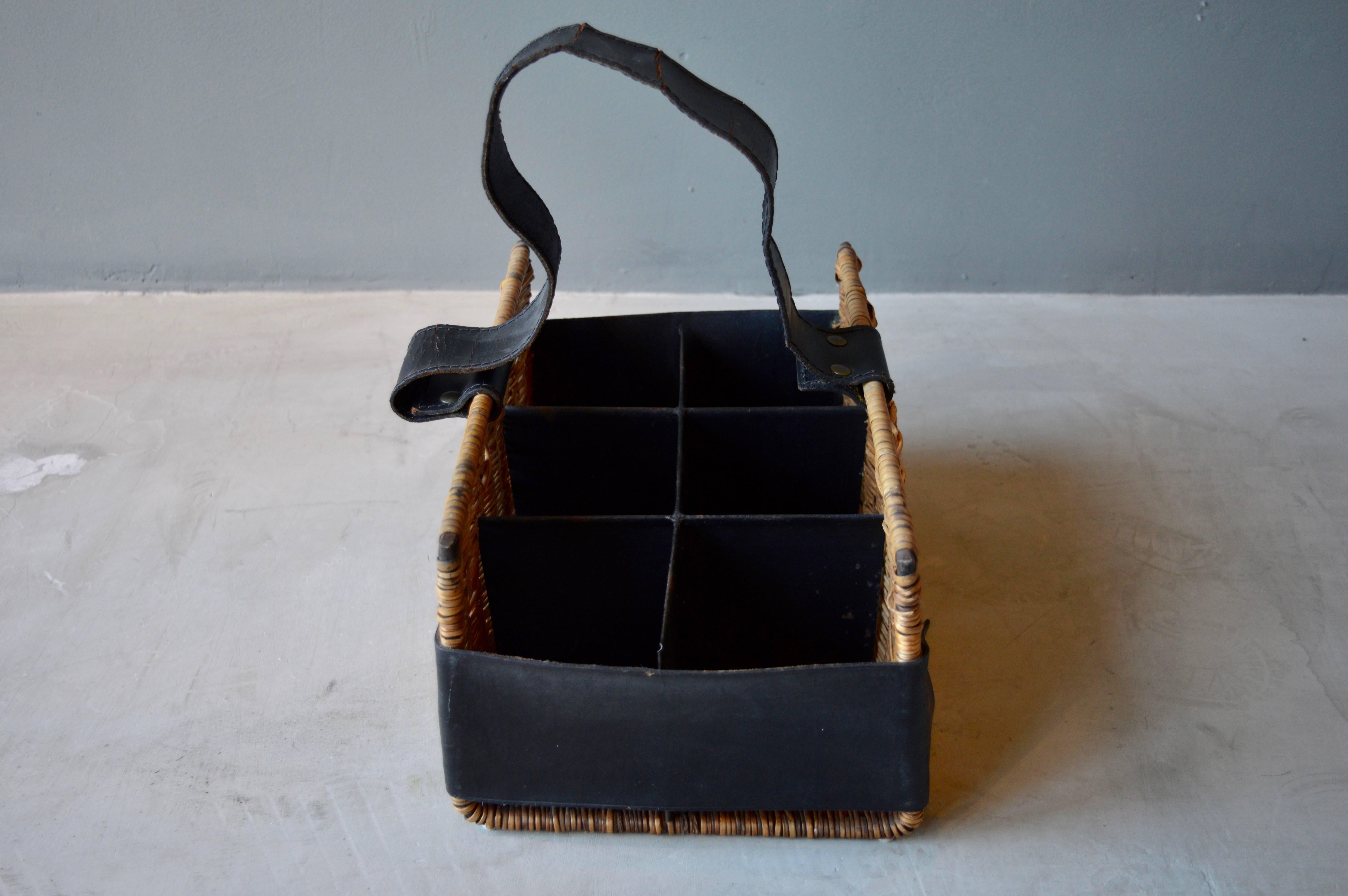 Jacques Adnet Rattan and Leather Wine Basket 1