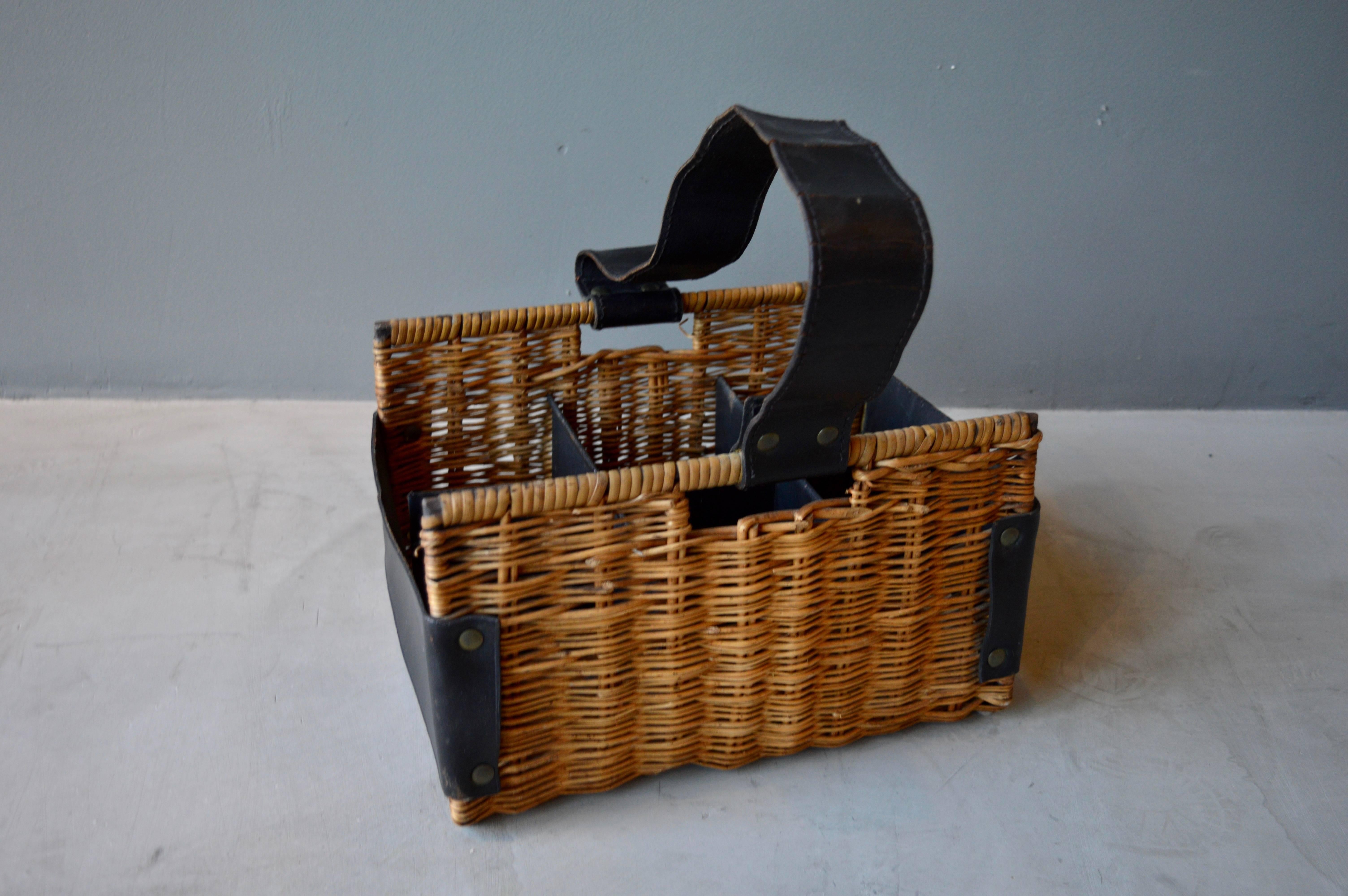 Jacques Adnet Rattan and Leather Wine Basket In Good Condition In Los Angeles, CA
