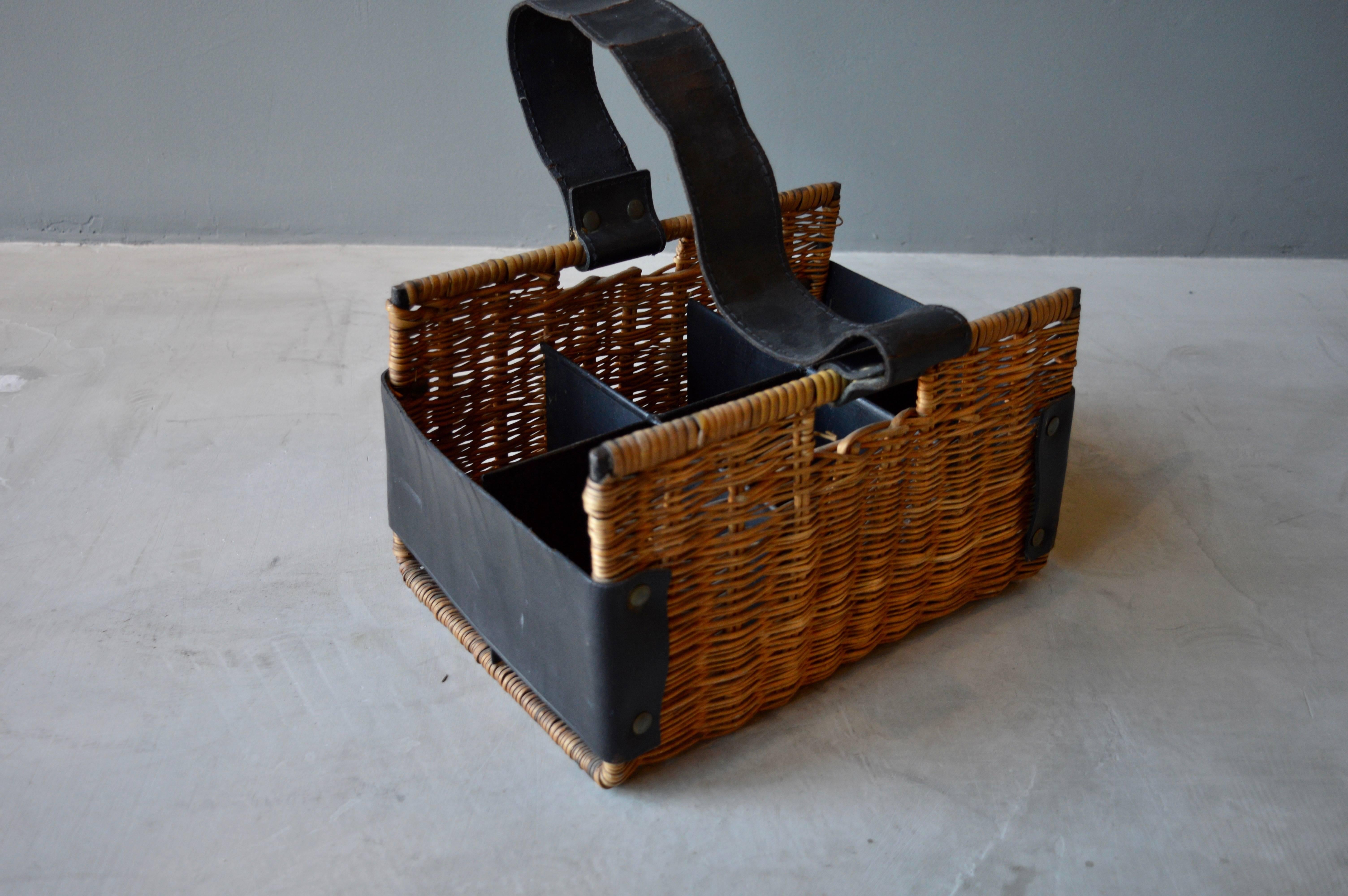 French Jacques Adnet Rattan and Leather Wine Basket