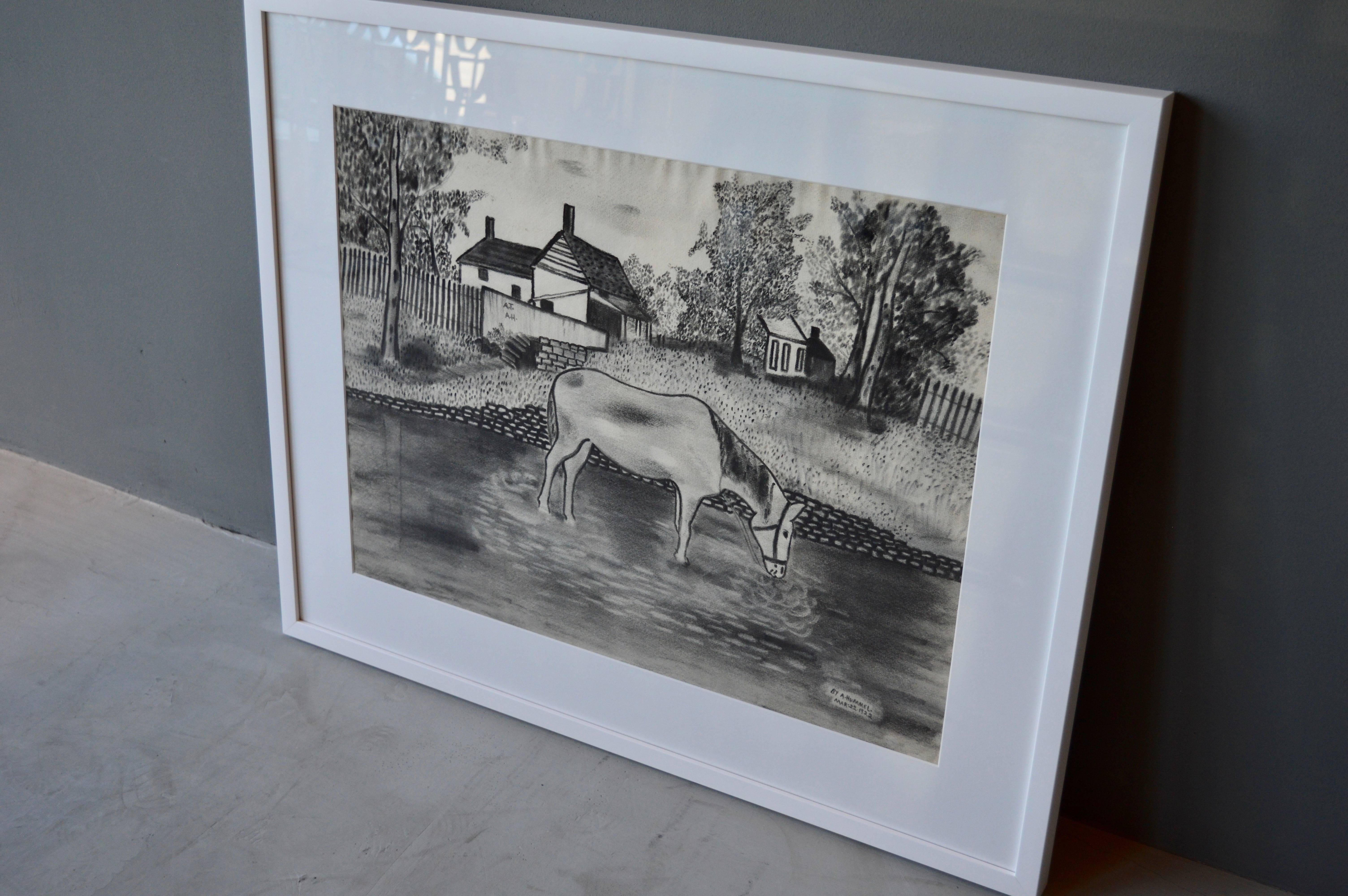 Quaint Folk Art charcoal drawing dated 1922. Farm scene with grazing horse and buildings and trees in background. Excellent vintage condition. Newly framed.