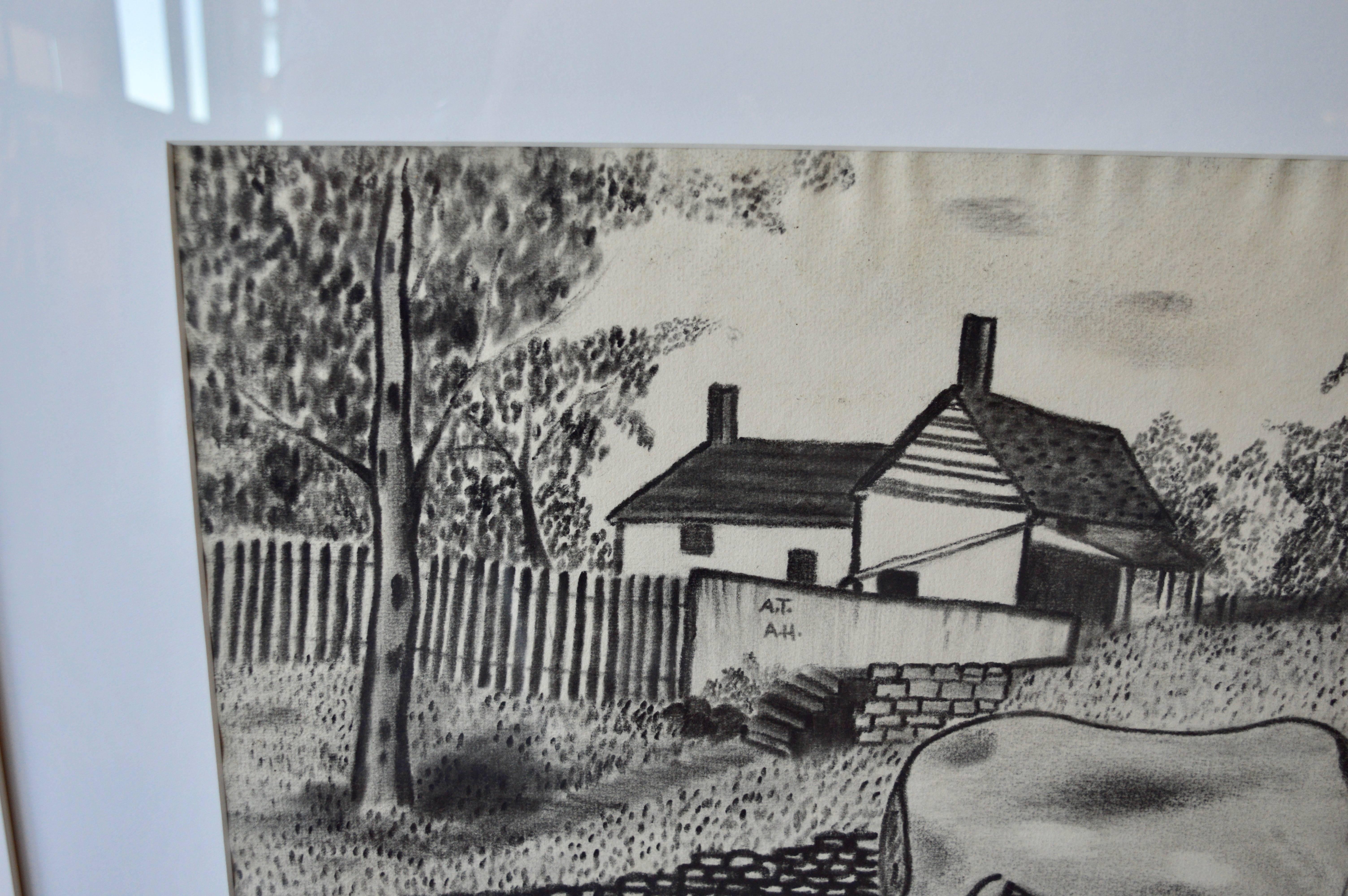 Folk Art Charcoal Drawing Dated 1922 In Good Condition In Los Angeles, CA