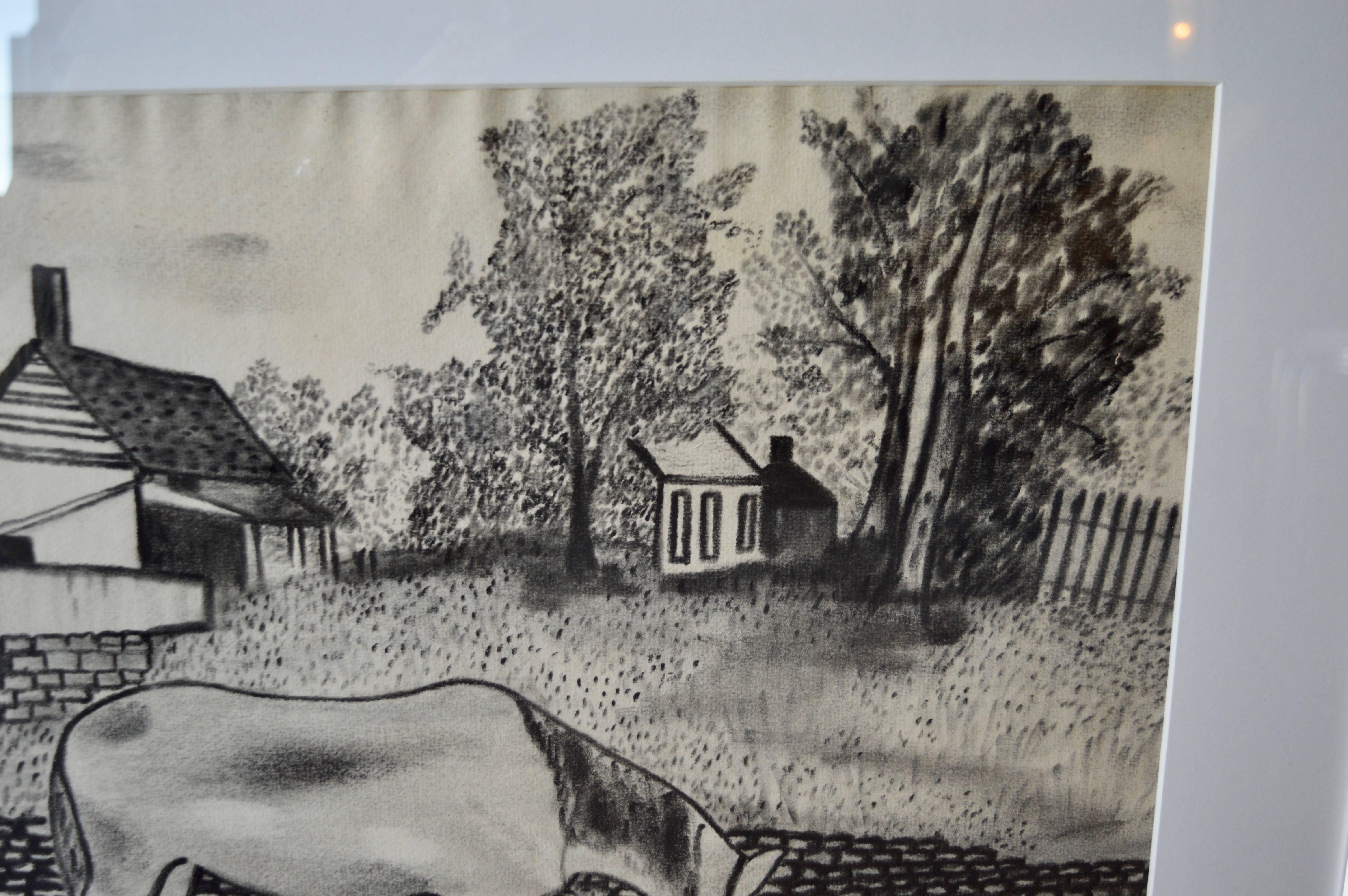 Early 20th Century Folk Art Charcoal Drawing Dated 1922