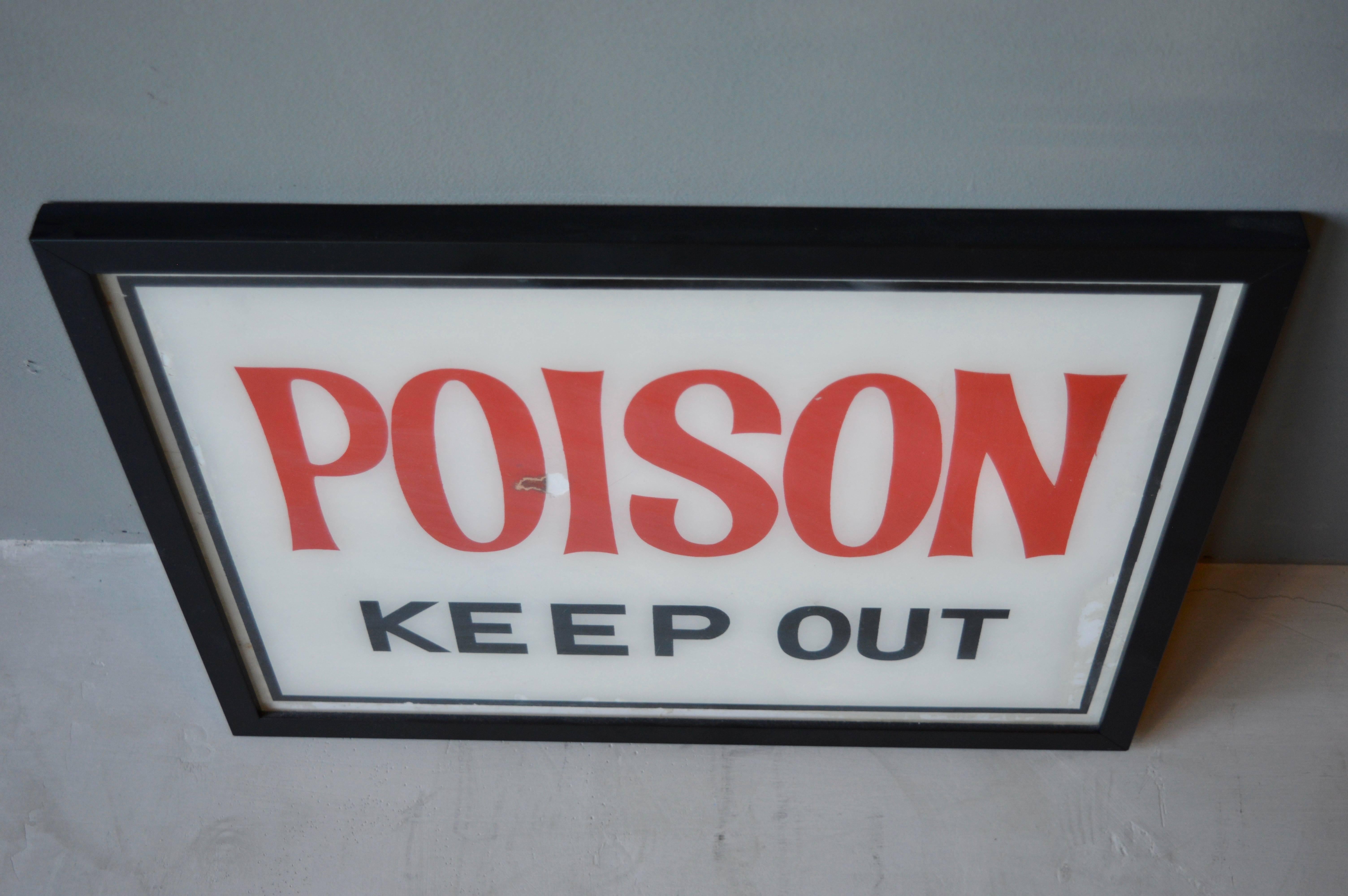 Very rare vintage Poision - Keep Out sign. Very thin paper framed behind glass. One blemish in center does not detract from this unique piece of art. Excellent vintage condition.