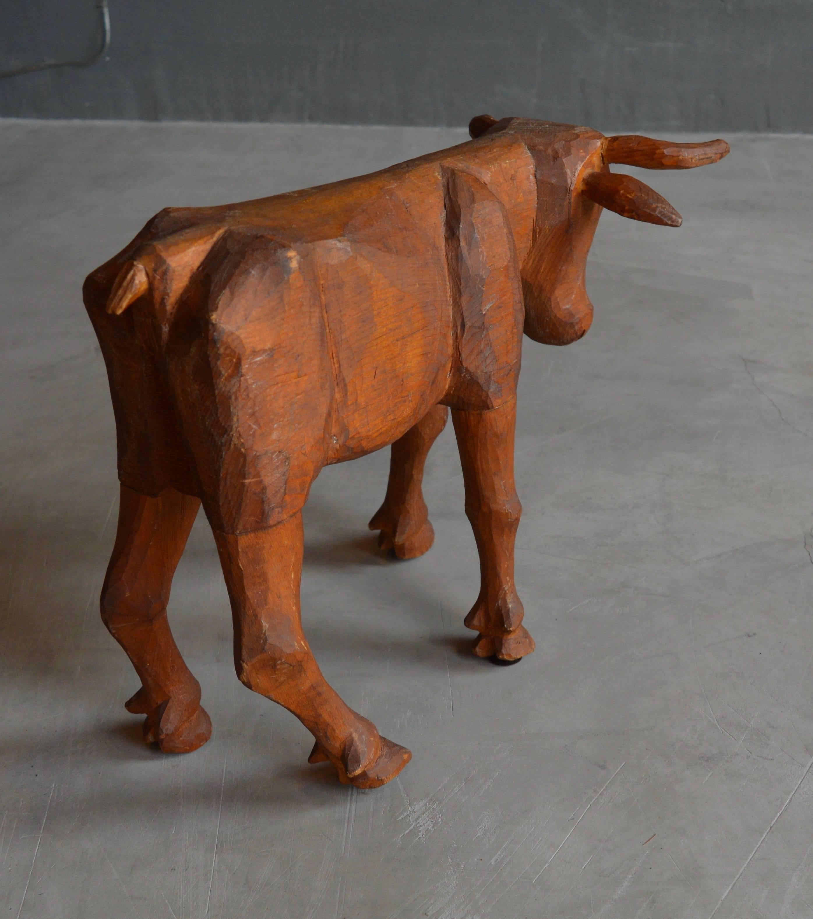 Late 20th Century Folk Art Primitive Hand-Carved Bull For Sale