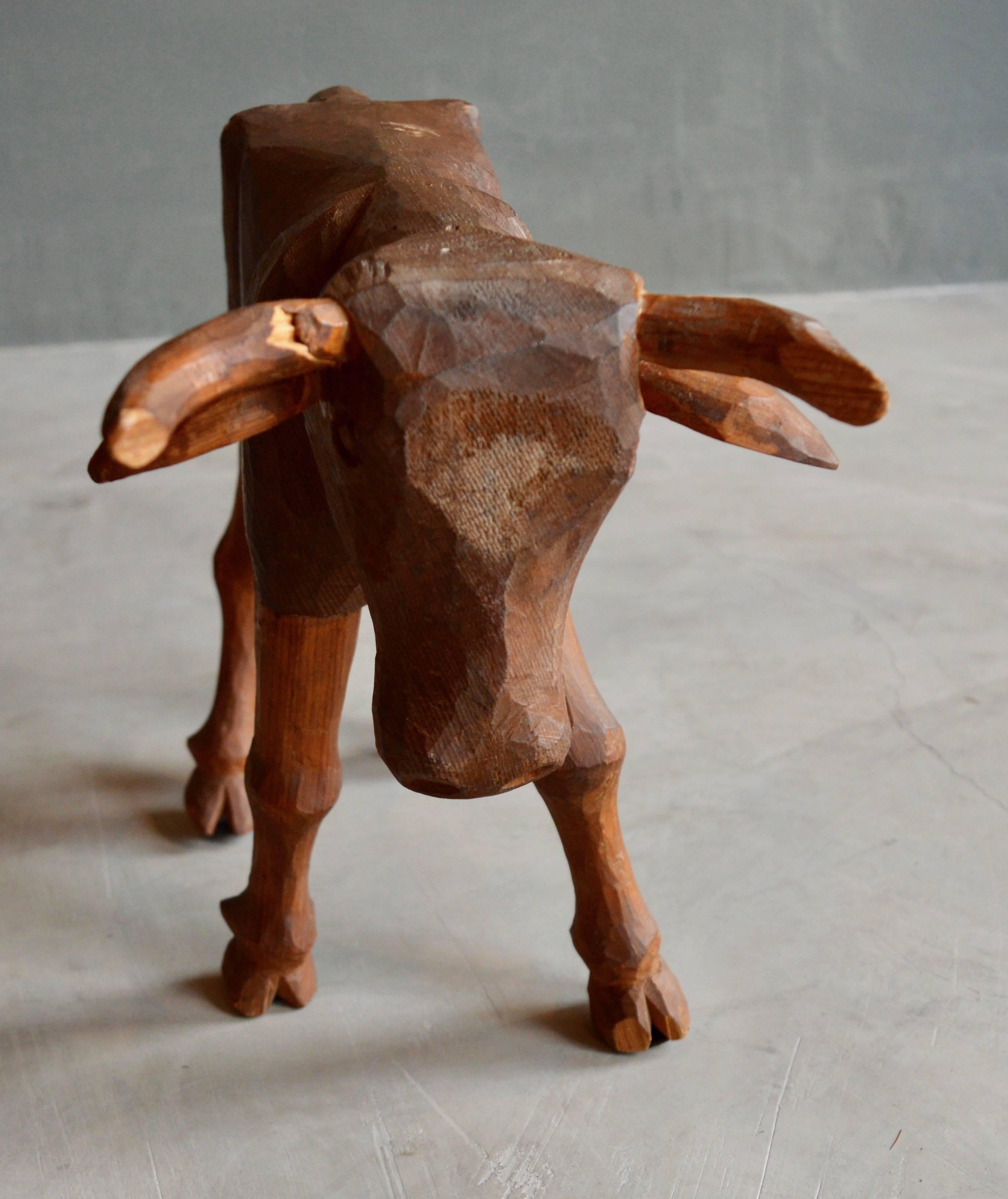 Wood Folk Art Primitive Hand-Carved Bull For Sale