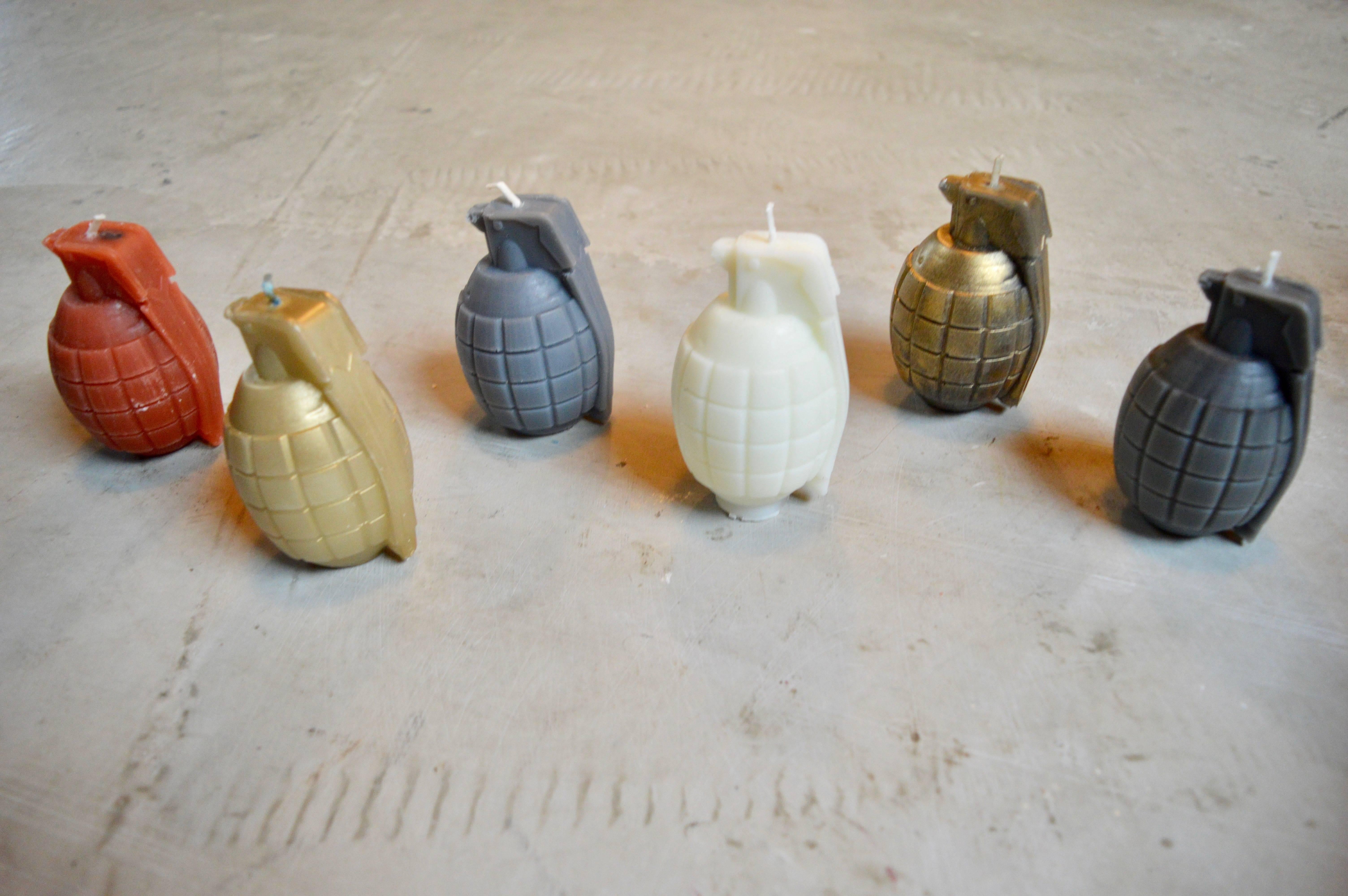 Whimsical handmade candles in the shape of a grenade. Los Angeles based, Japanese artist and sculptor. He hand carves the mold and then makes the candles from the mold. Great tabletop object.