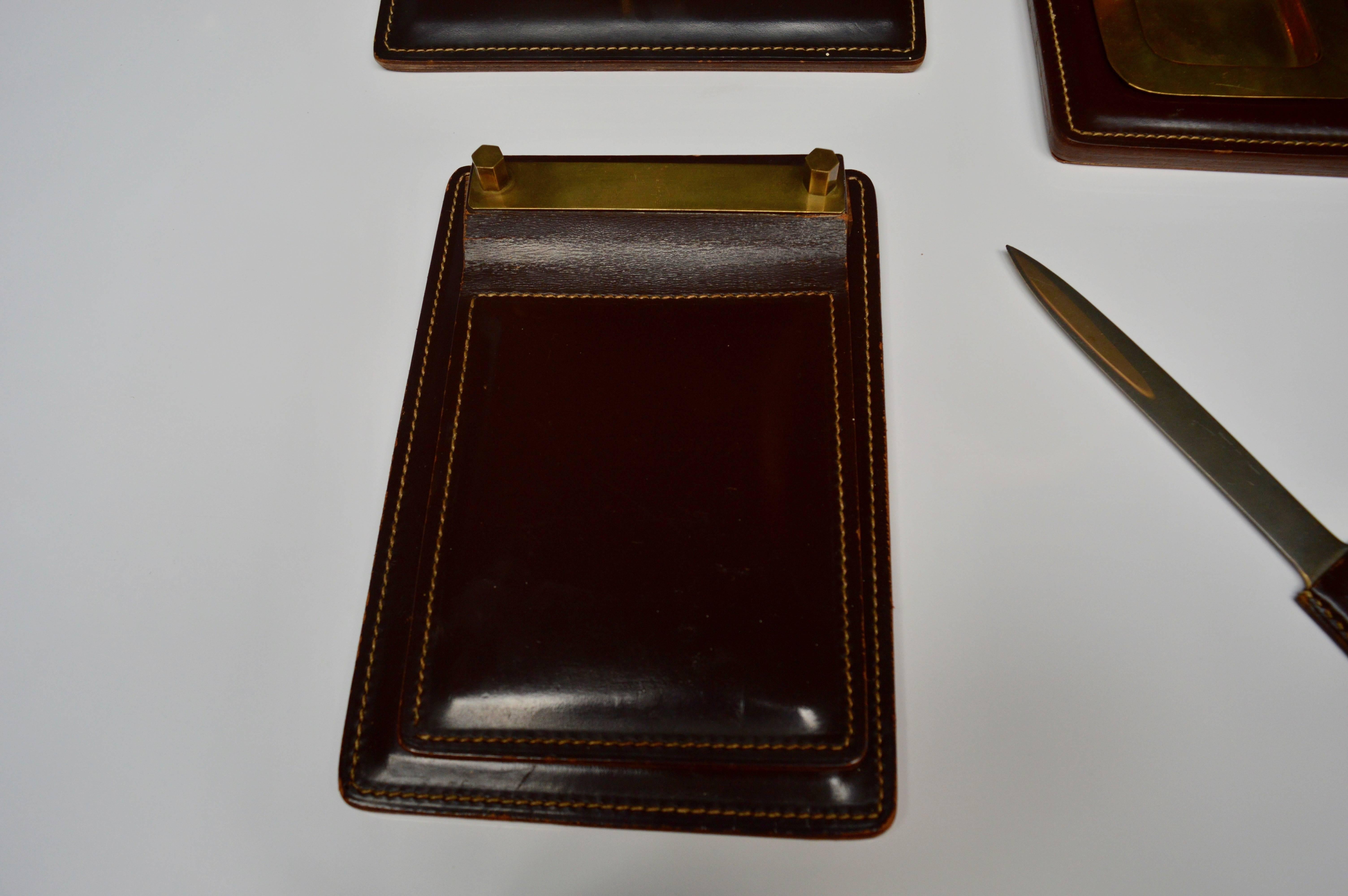 Brass French Leather Desk Set in the Style of Jacques Adnet