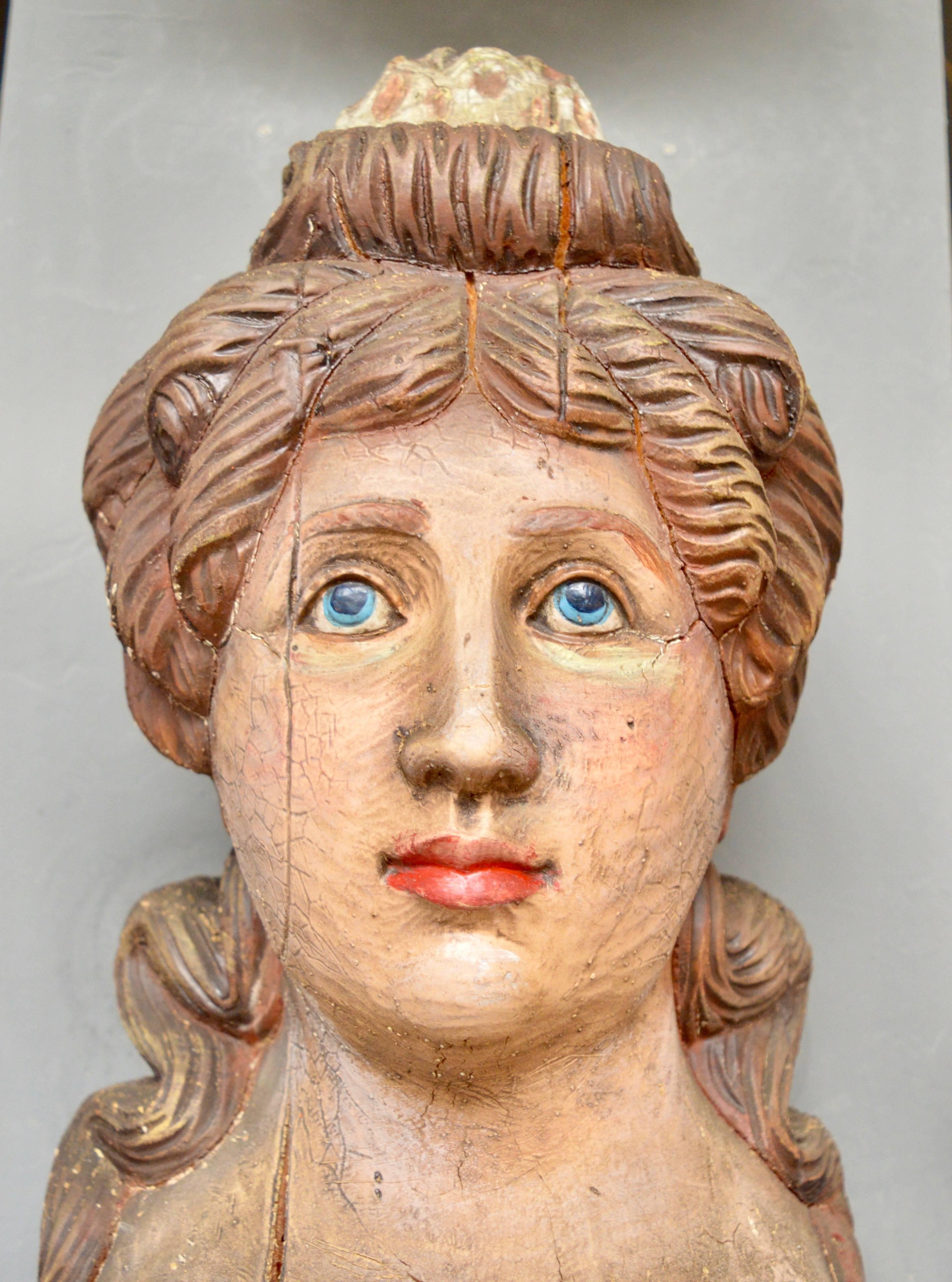 Large Polychromed Female Figurehead Style Bust In Excellent Condition In Los Angeles, CA