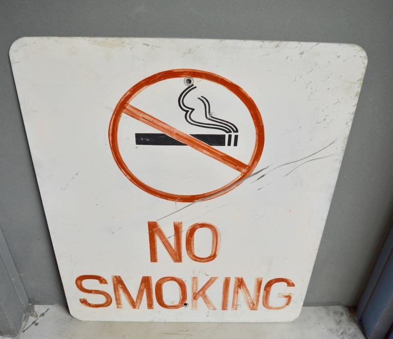 Great vintage hand-painted sign. No smoking and a crossed out cigarette hand-painted on white steel. Good vintage condition.