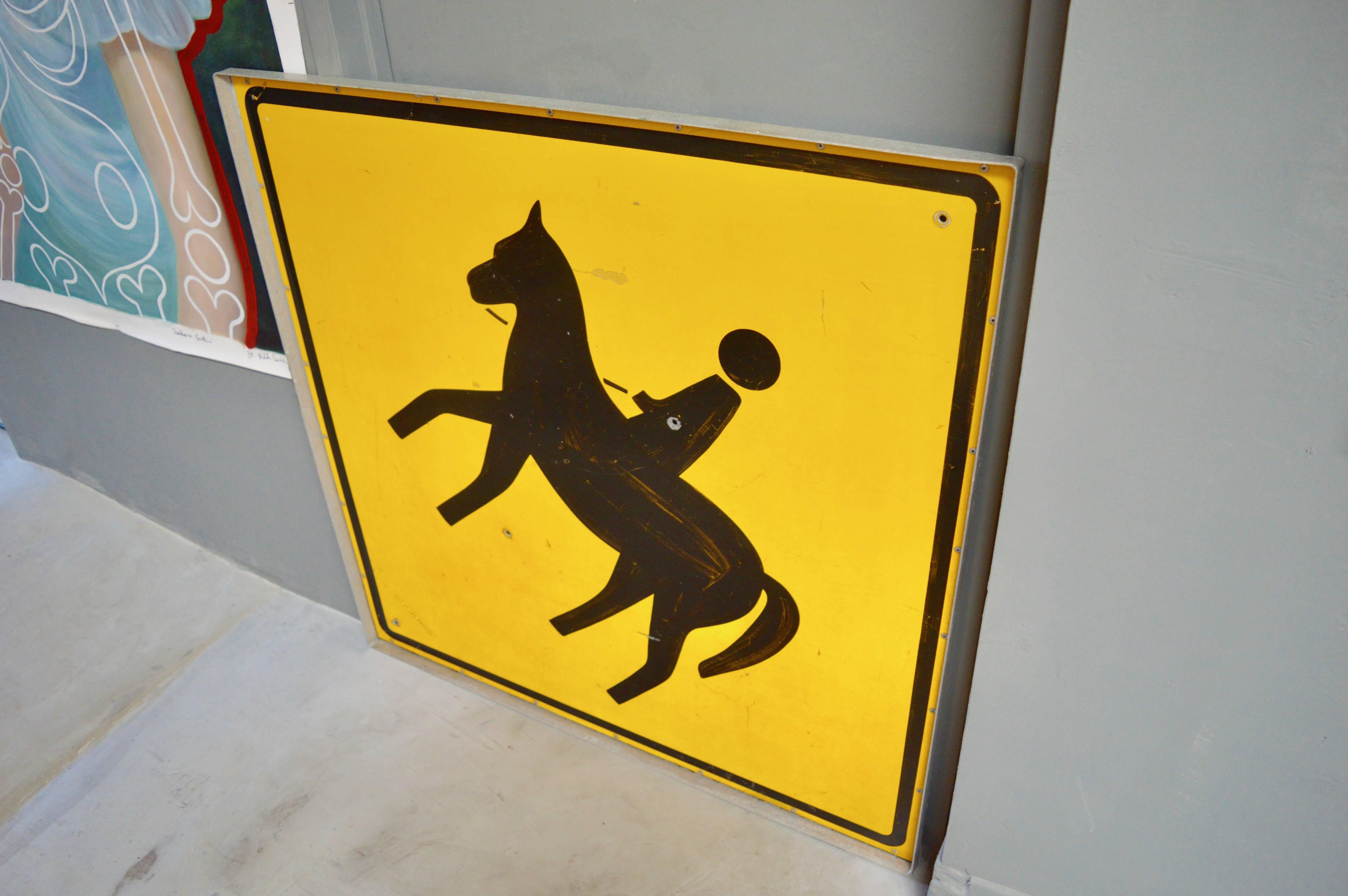 Very cool vintage sign from Los Angeles County. Massive yellow sign with black horse and rider. Marked Los Angeles County on front. Great piece for a barn. Excellent vintage condition.