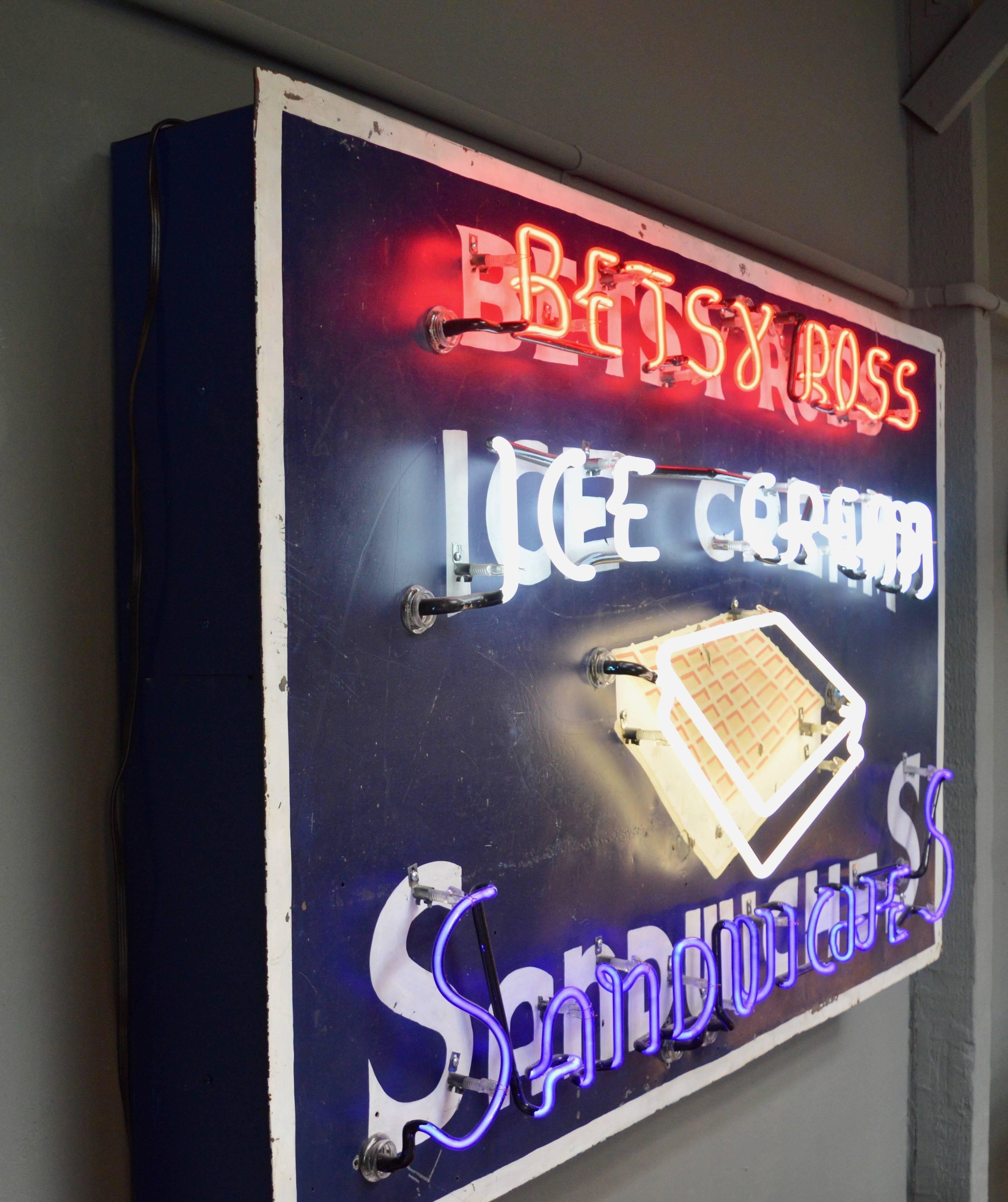 Great vintage 1950 neon sign in perfect working condition. Depicts Betsy Ross - Ice Cream Sandwiches. Neon is perfect. Newly rewired. Fantastic piece of pop art. Excellent vintage condition.