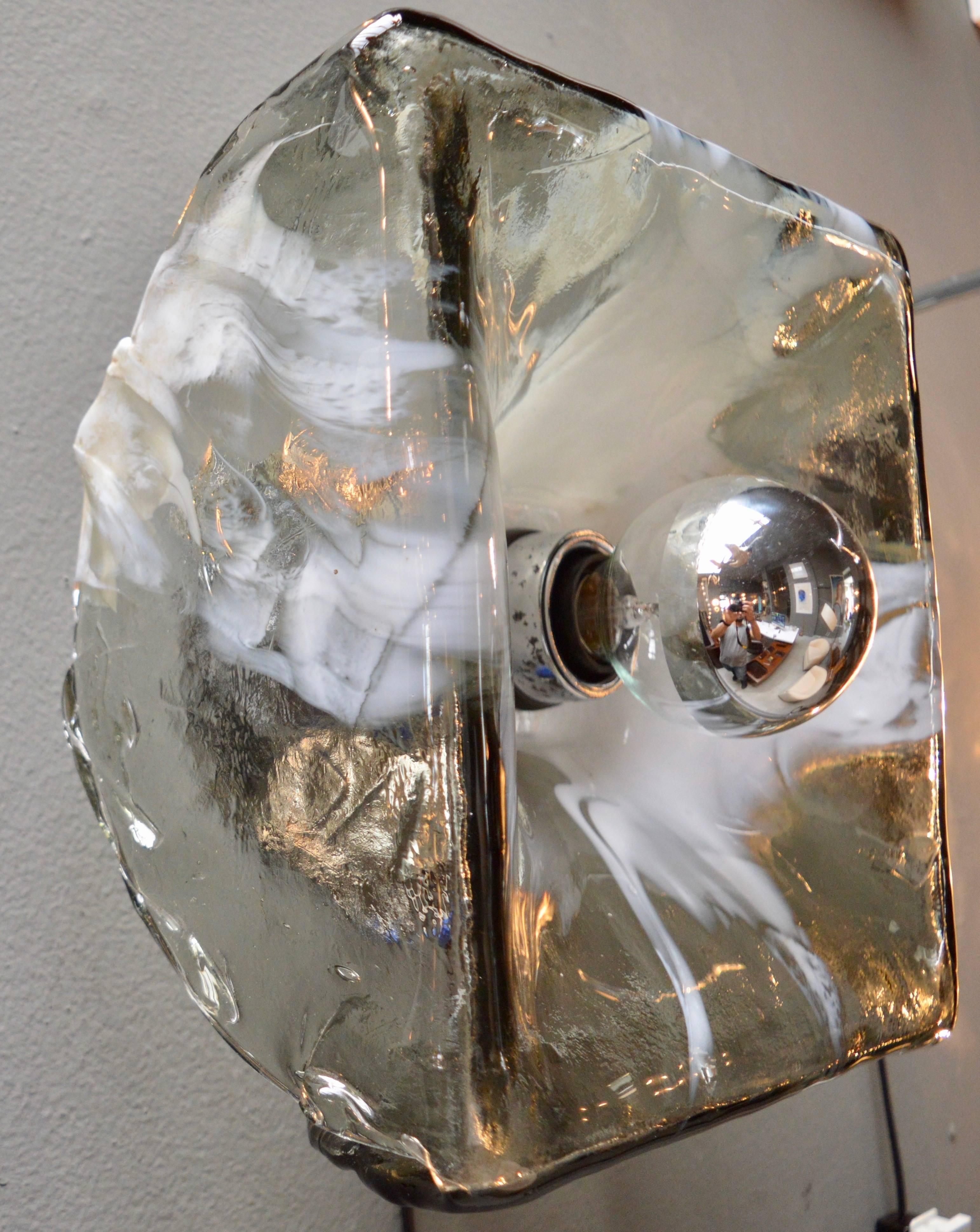 Large Murano glass flush mount or wall sconce. Grey glass with white swirl pattern. Gorgeous design. Newly rewired. Matching pair of smaller sconces available in separate listing.