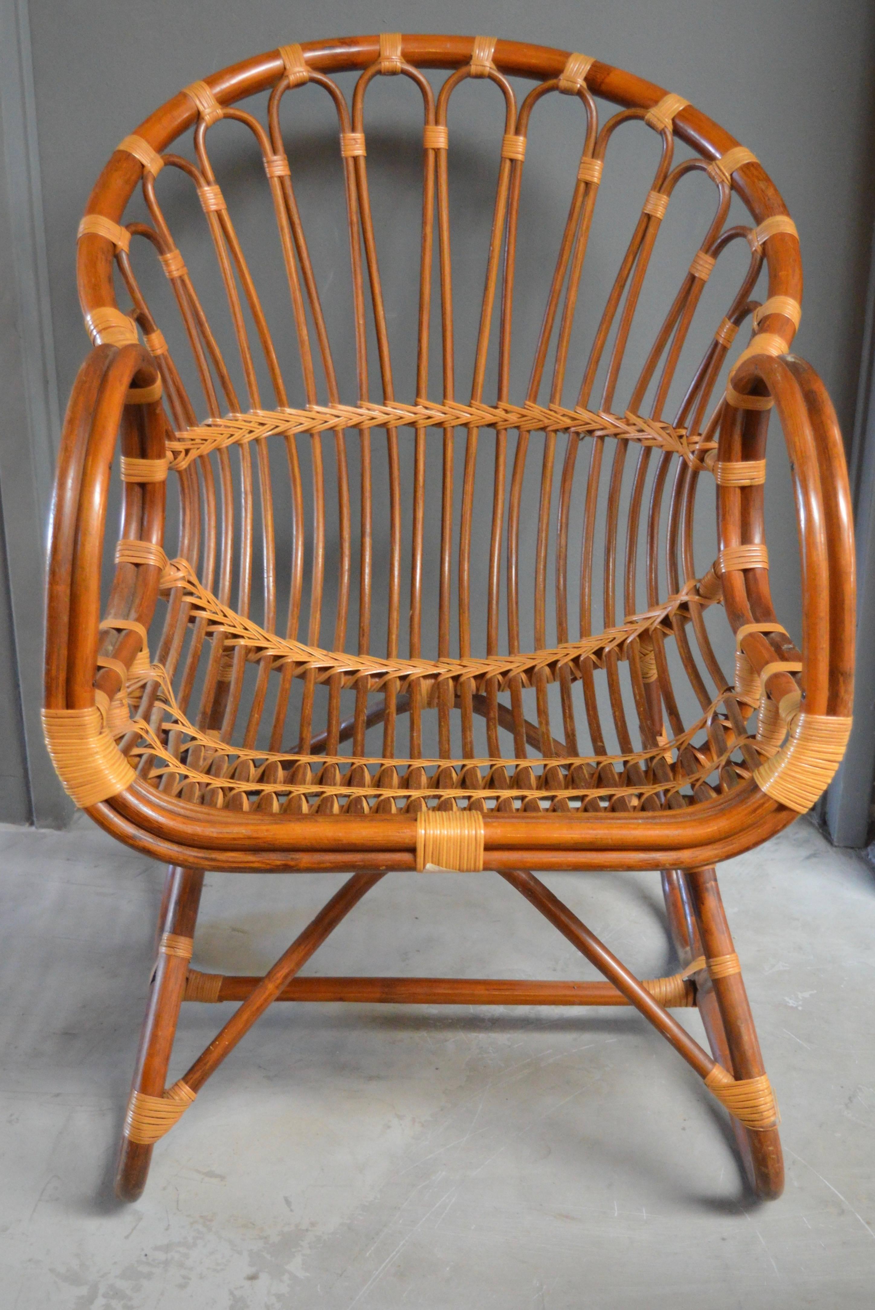 American Sculptural Bamboo and Rattan Chairs with Matching Side Table