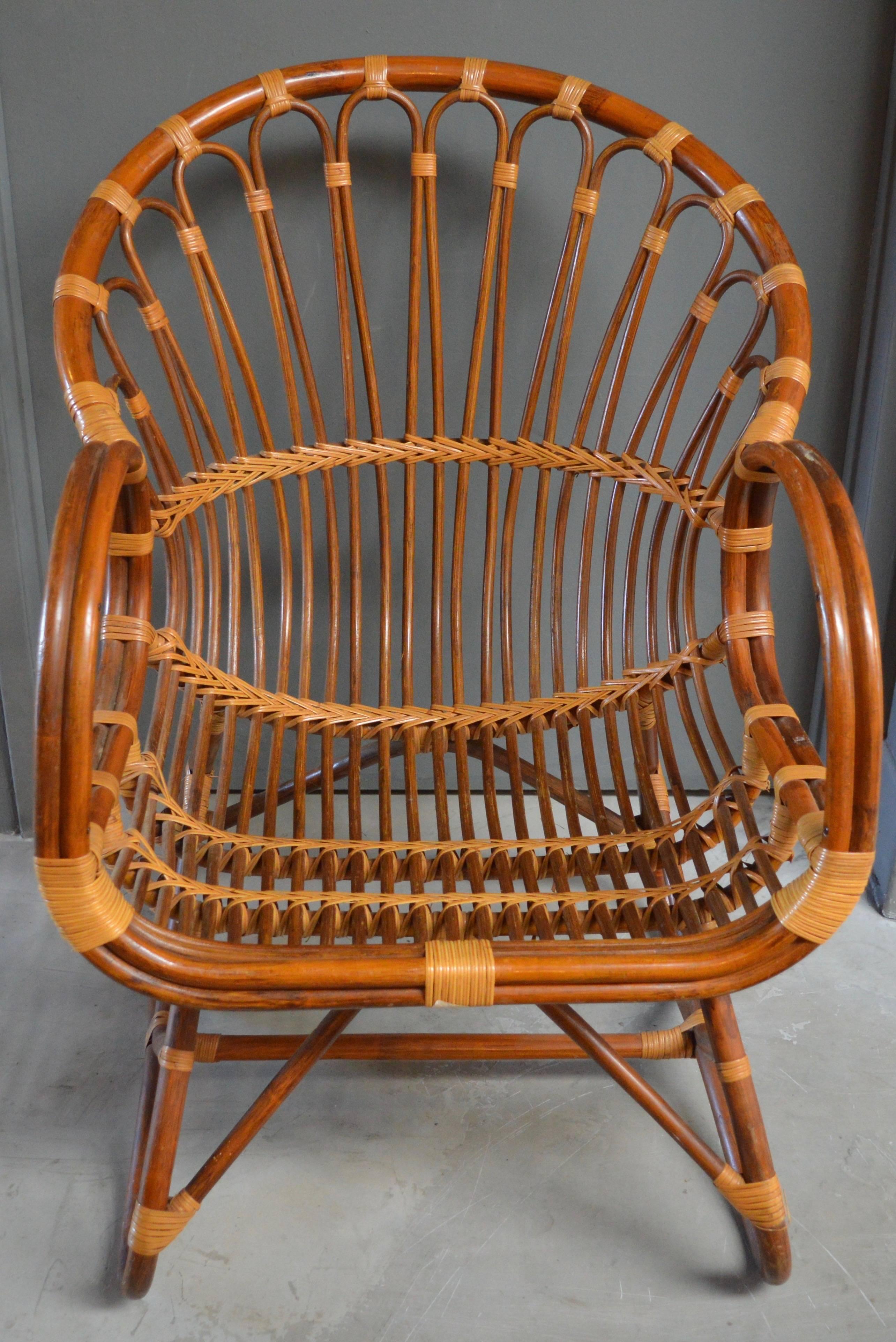 Late 20th Century Sculptural Bamboo and Rattan Chairs with Matching Side Table