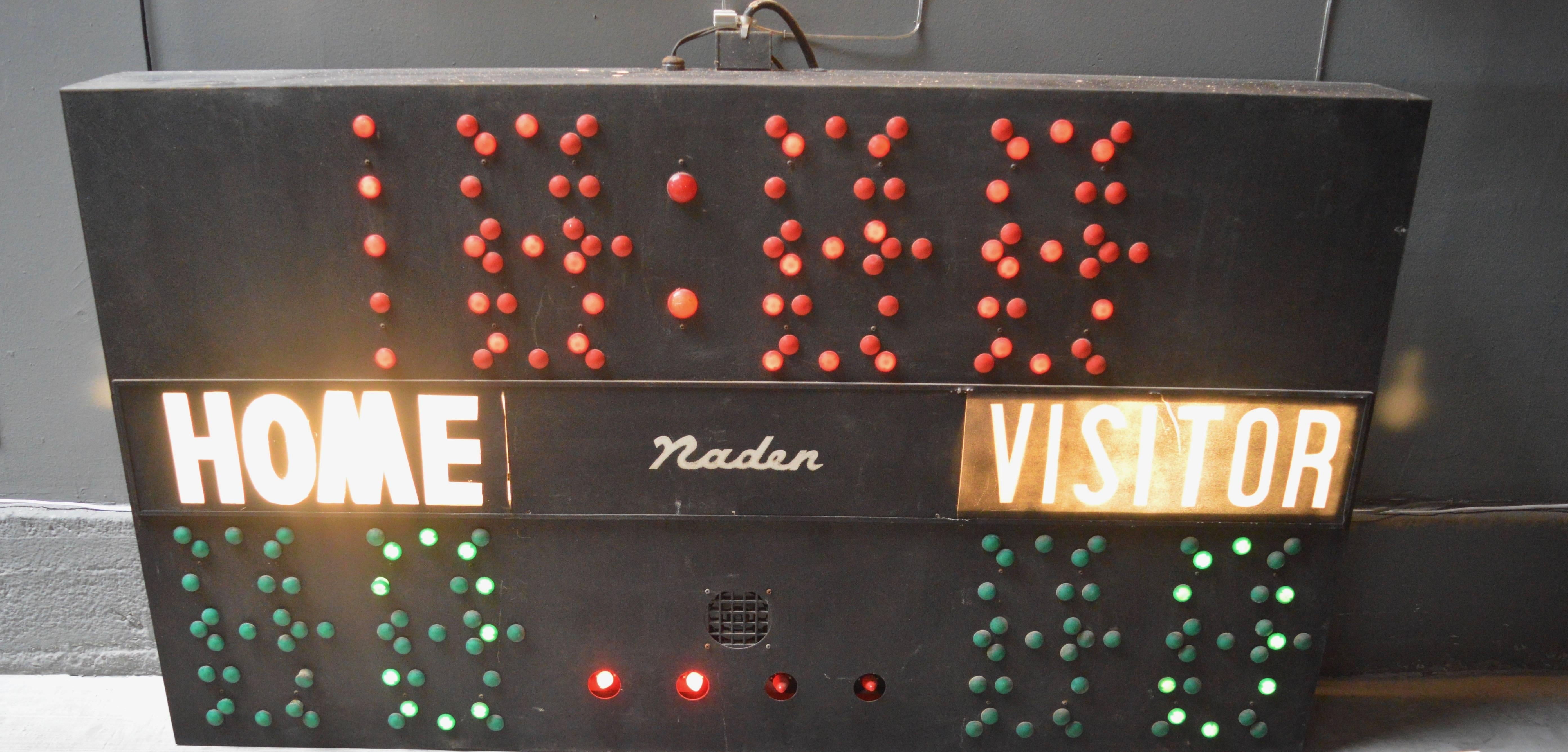 Very cool vintage basketball scoreboard by Naden. Made in the 1960s and taken down from an old elementary school gymnasium in Kansas. Good working order. No controller to change the time etc. Great piece of pop art for your home or commercial space.