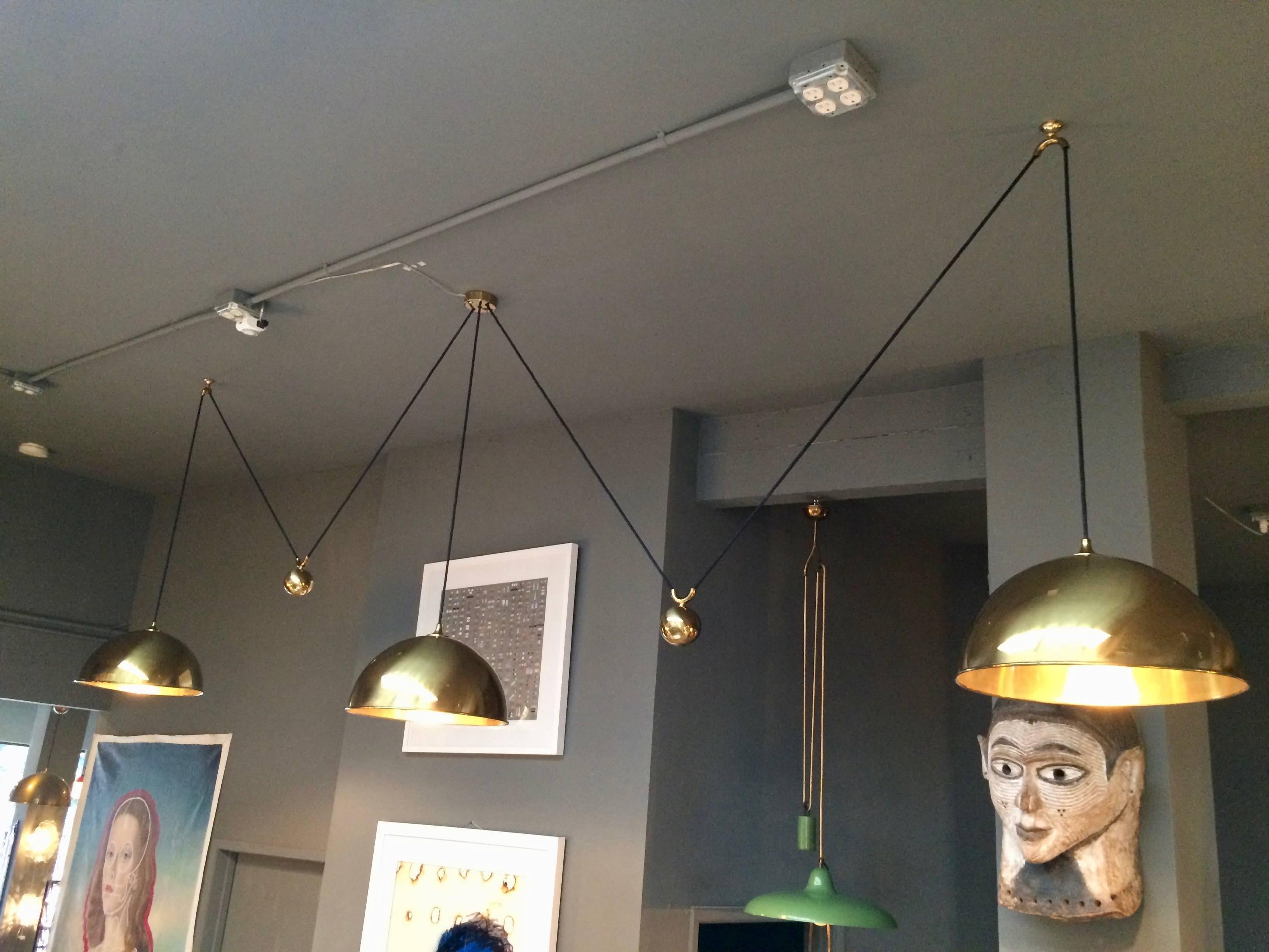 Very Rare Triple Florian Schulz Brass Counter Balance Pendants In Good Condition In Los Angeles, CA
