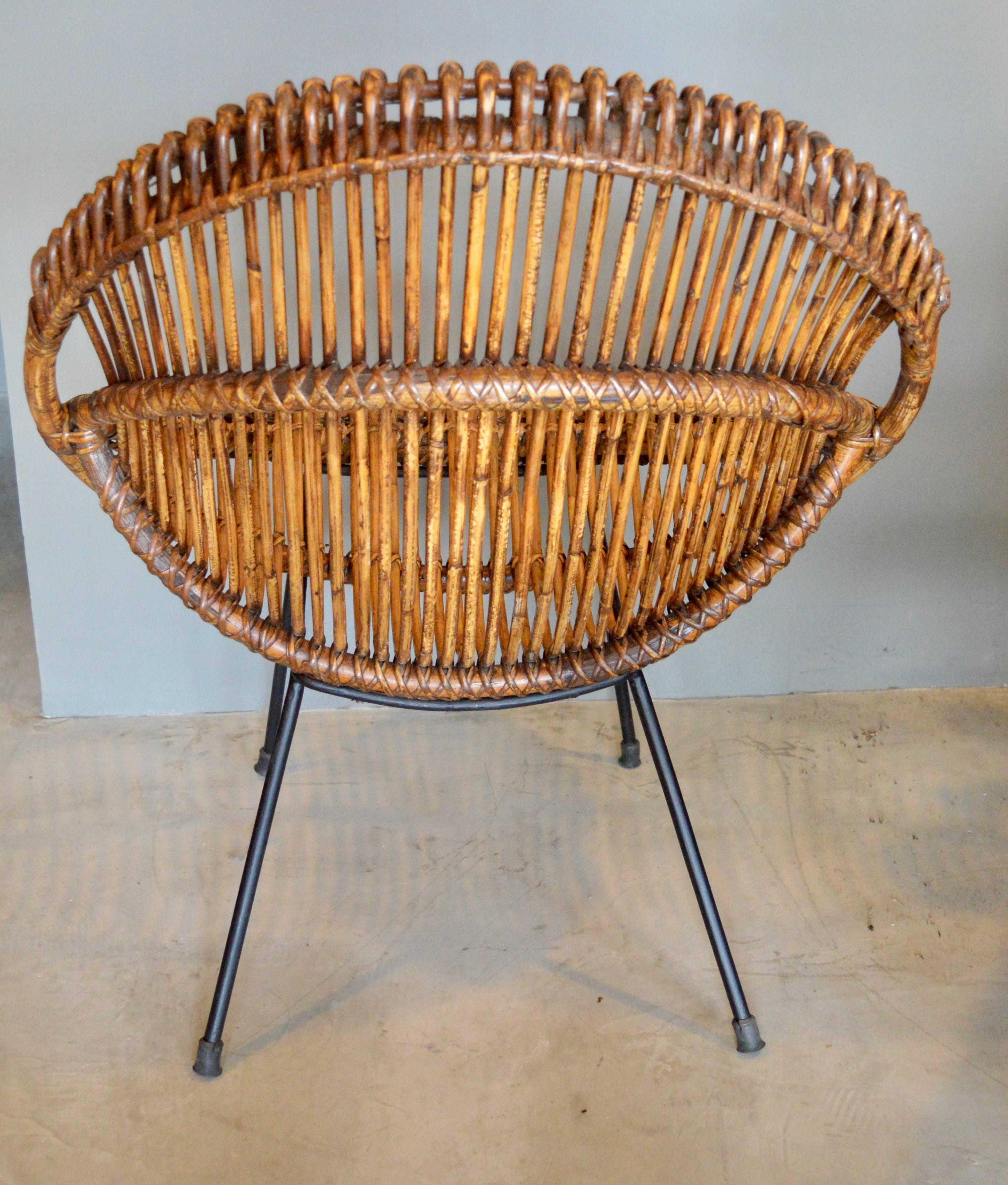 French Rattan and Iron Scoop Chair In Excellent Condition In Los Angeles, CA