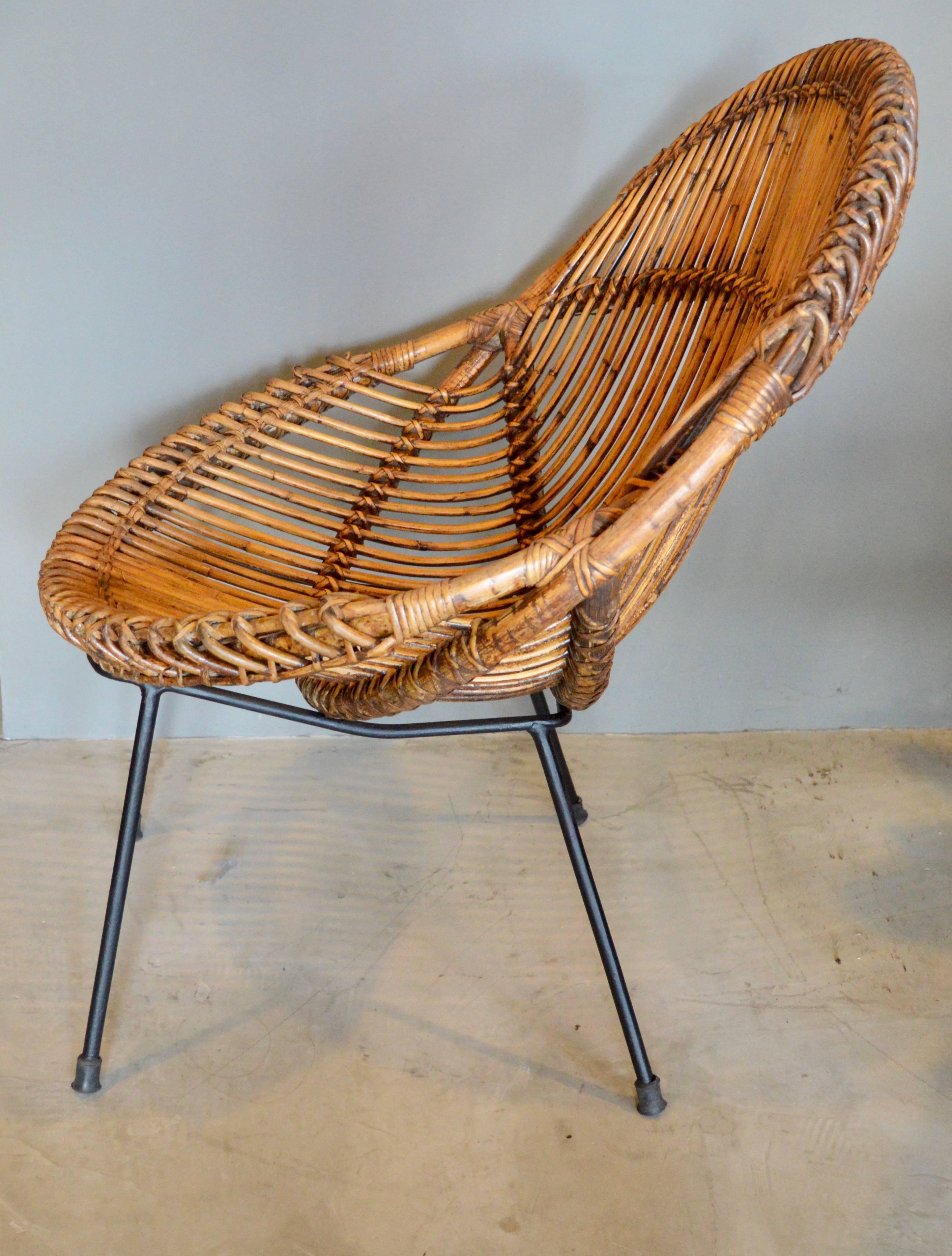 Mid-20th Century French Rattan and Iron Scoop Chair