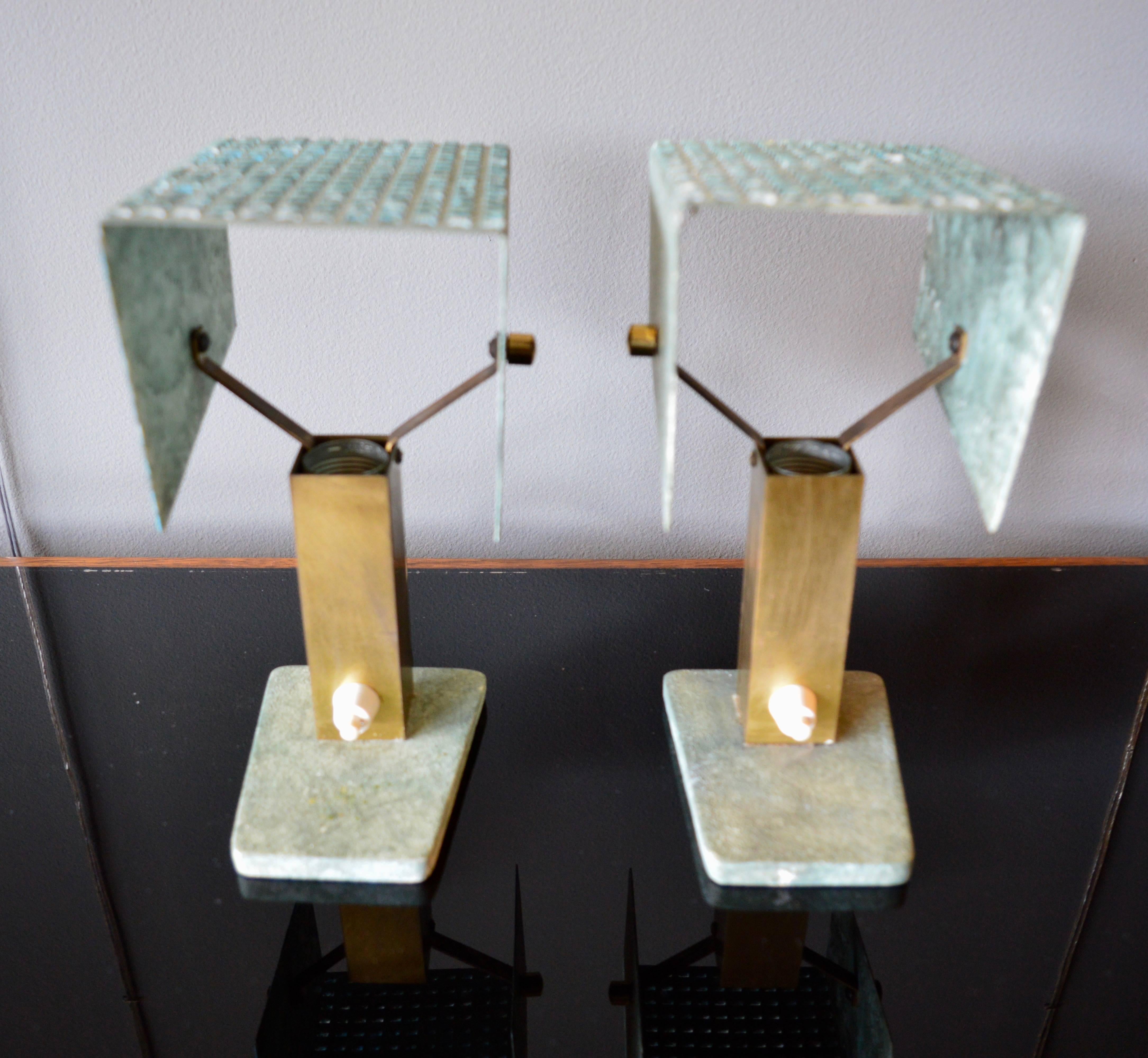 Fantastic pair of petite Italian table lamps. Stone base with brass neck and pivoting copper diffuser on top. Light can be focused in different directions. Great pair of sculptural lamps. Newly rewired. Excellent vintage condition.