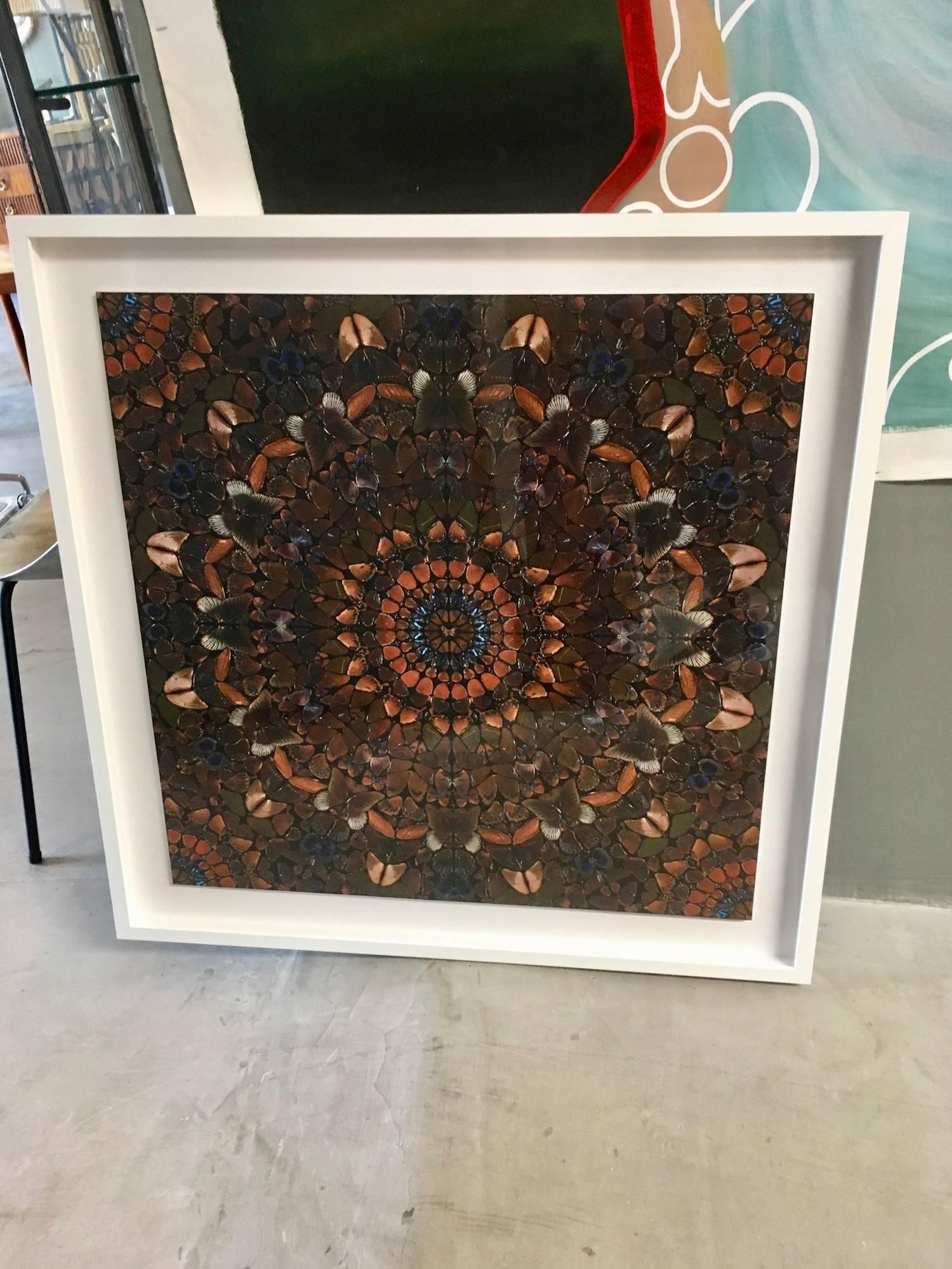 Fantastic piece of wall art by Damien Hirst. Original wallpaper block by Damien Hirst depicting iridescent butterflies. Newly framed. Multiple panels available if you want a larger piece of art.