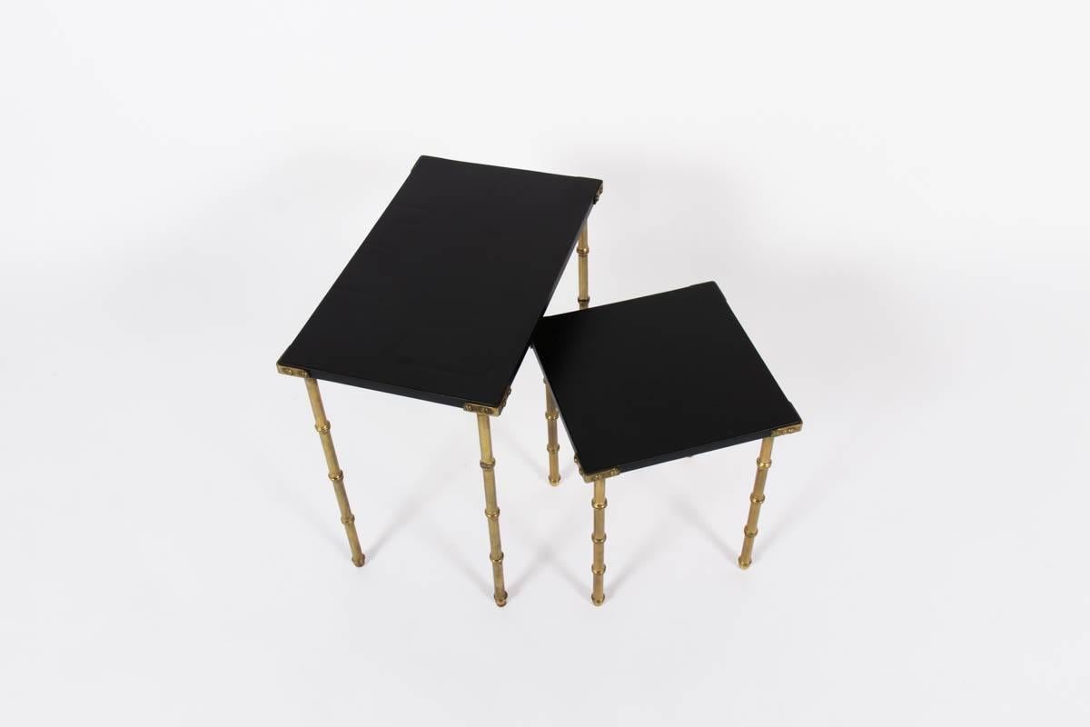 Jacques Adnet Leather and Brass Nesting Tables In Excellent Condition In Los Angeles, CA